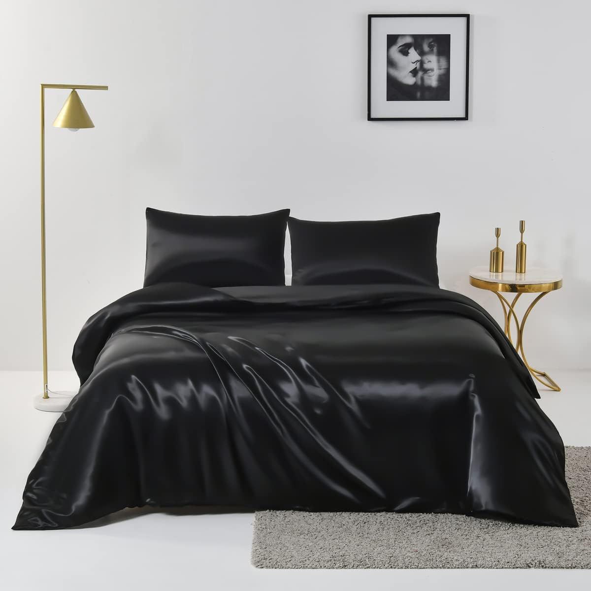 Satin Quilt cover Set Hotel 3 Pieces Quilt cover with Pillowcase, Art Silk Bedding Set-Luxury Soft Silky pillowcase for Hair and Skin, Similar to Silk Duvet/Donna Cover Set- 3 Pieces(Queen,Black) - Image 1