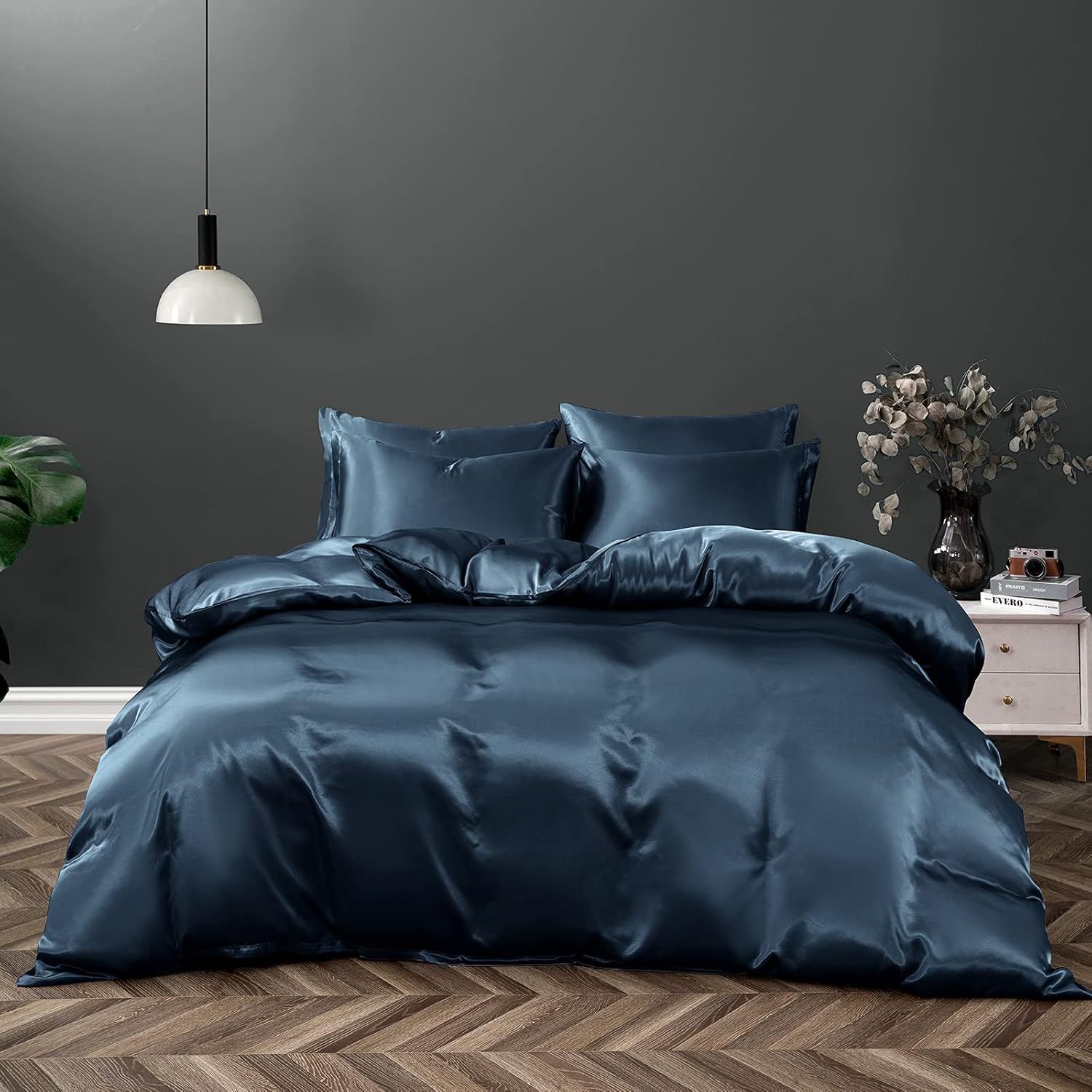Satin Quilt cover Set Hotel 3 Pieces Quilt cover with Pillowcase, Art Silk Bedding Set-Luxury Soft Silky pillowcase for Hair and Skin, Similar to Silk Duvet/Donna Cover Set- 3 Pieces(Queen,Navy) - Image 1