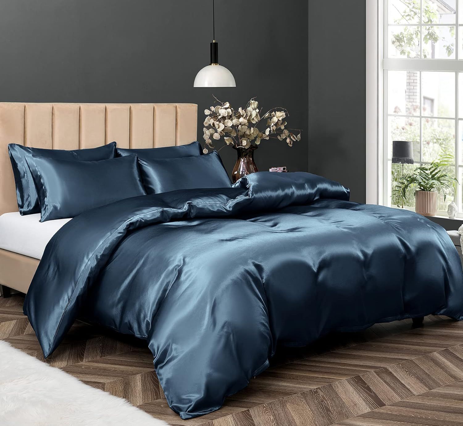 Satin Quilt cover Set Hotel 3 Pieces Quilt cover with Pillowcase, Art Silk Bedding Set-Luxury Soft Silky pillowcase for Hair and Skin, Similar to Silk Duvet/Donna Cover Set- 3 Pieces(Queen,Navy) - Image 2