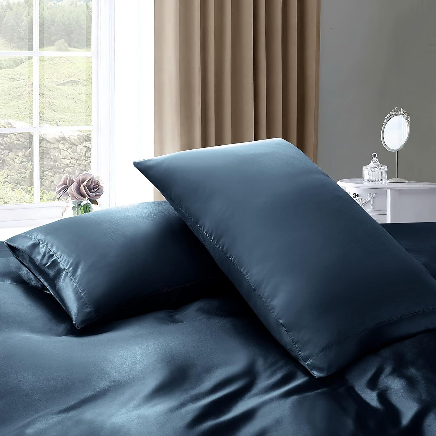Satin Quilt cover Set Hotel 3 Pieces Quilt cover with Pillowcase, Art Silk Bedding Set-Luxury Soft Silky pillowcase for Hair and Skin, Similar to Silk Duvet/Donna Cover Set- 3 Pieces(Queen,Navy) - Image 6