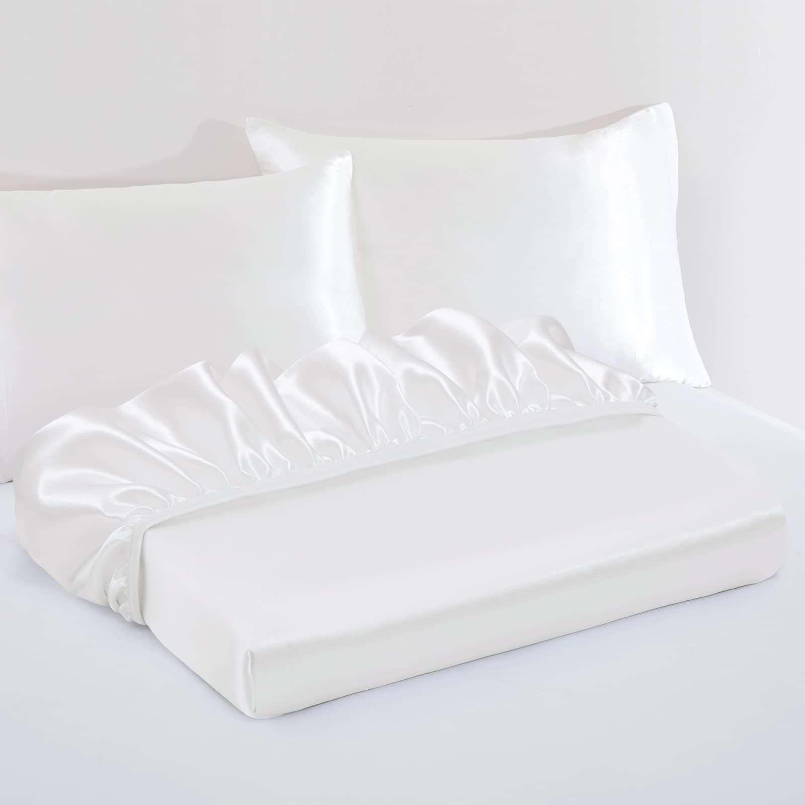 Satin Fitted Sheet Set Hotel 3 Pieces Fitted Sheet with Pillowcase, Art Silk Bedding Set-Luxury Soft Silky Sheets for Hair and Skin, Similar to Silk Fitted Sheets Set 3 Pieces(Queen,White) - Image 2
