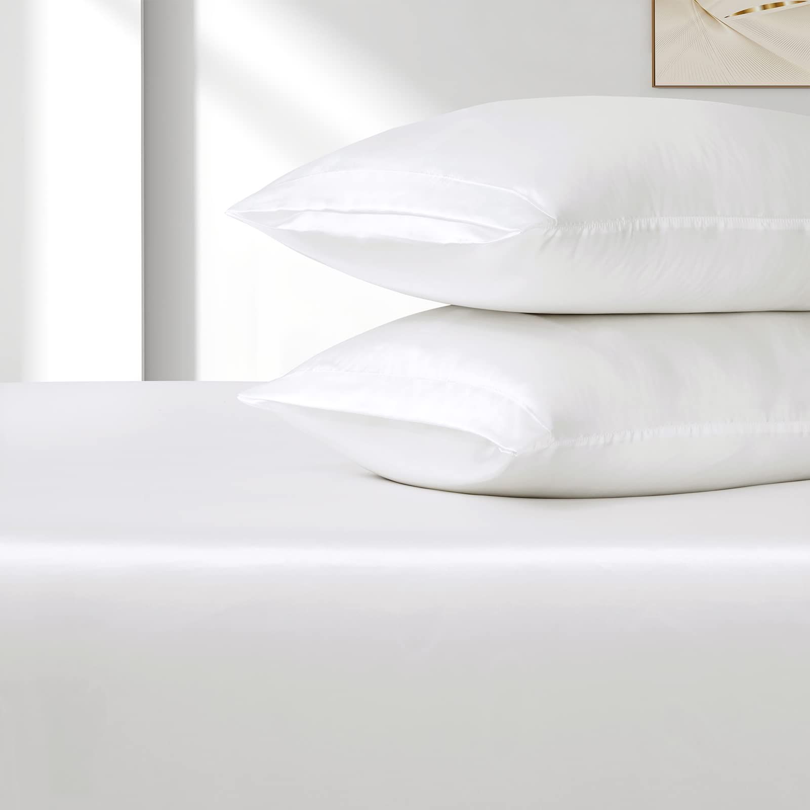 Satin Fitted Sheet Set Hotel 3 Pieces Fitted Sheet with Pillowcase, Art Silk Bedding Set-Luxury Soft Silky Sheets for Hair and Skin, Similar to Silk Fitted Sheets Set 3 Pieces(Queen,White) - Image 5