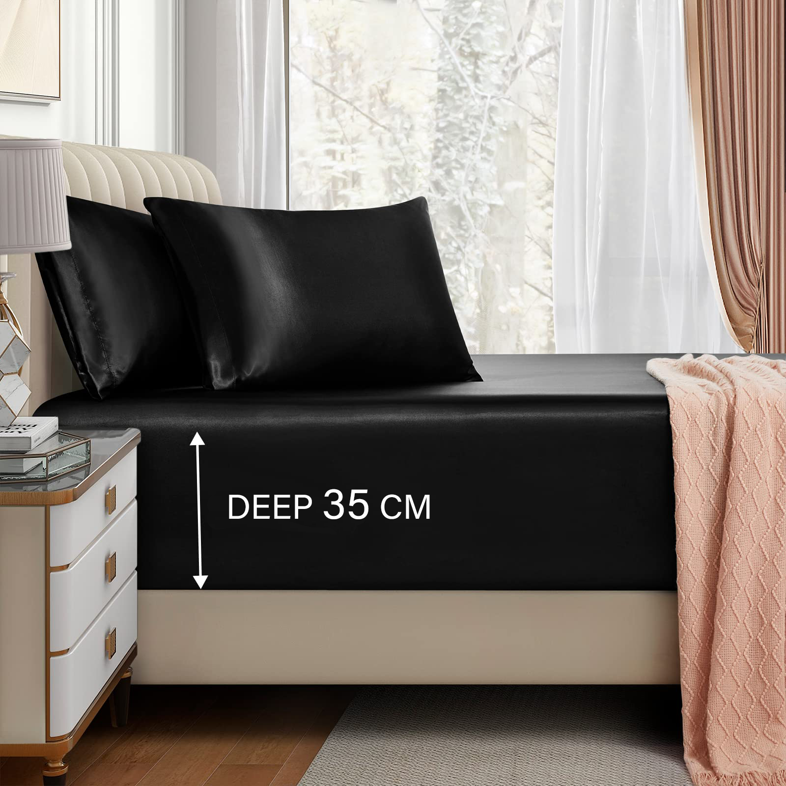Satin Fitted Sheet Set Hotel 3 Pieces Fitted Sheet with Pillowcase, Art Silk Bedding Set-Luxury Soft Silky Sheets for Hair and Skin, Similar to Silk Fitted Sheets Set 3 Pieces(Queen,Black) - Image 1