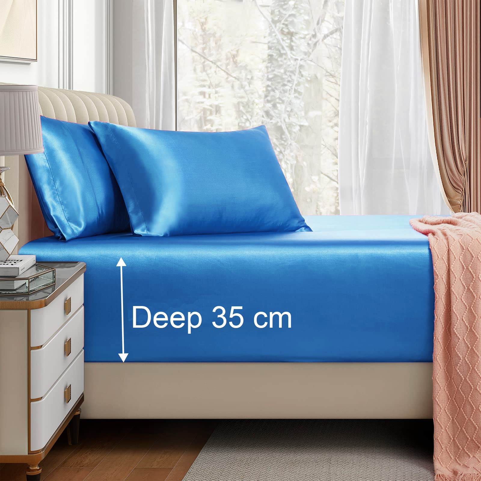 Satin Fitted Sheet Set Hotel 3 Pieces Fitted Sheet with Pillowcase, Art Silk Bedding Set-Luxury Soft Silky Sheets for Hair and Skin, Similar to Silk Fitted Sheets Set 3 Pieces(Queen,Ocean) - Image 1