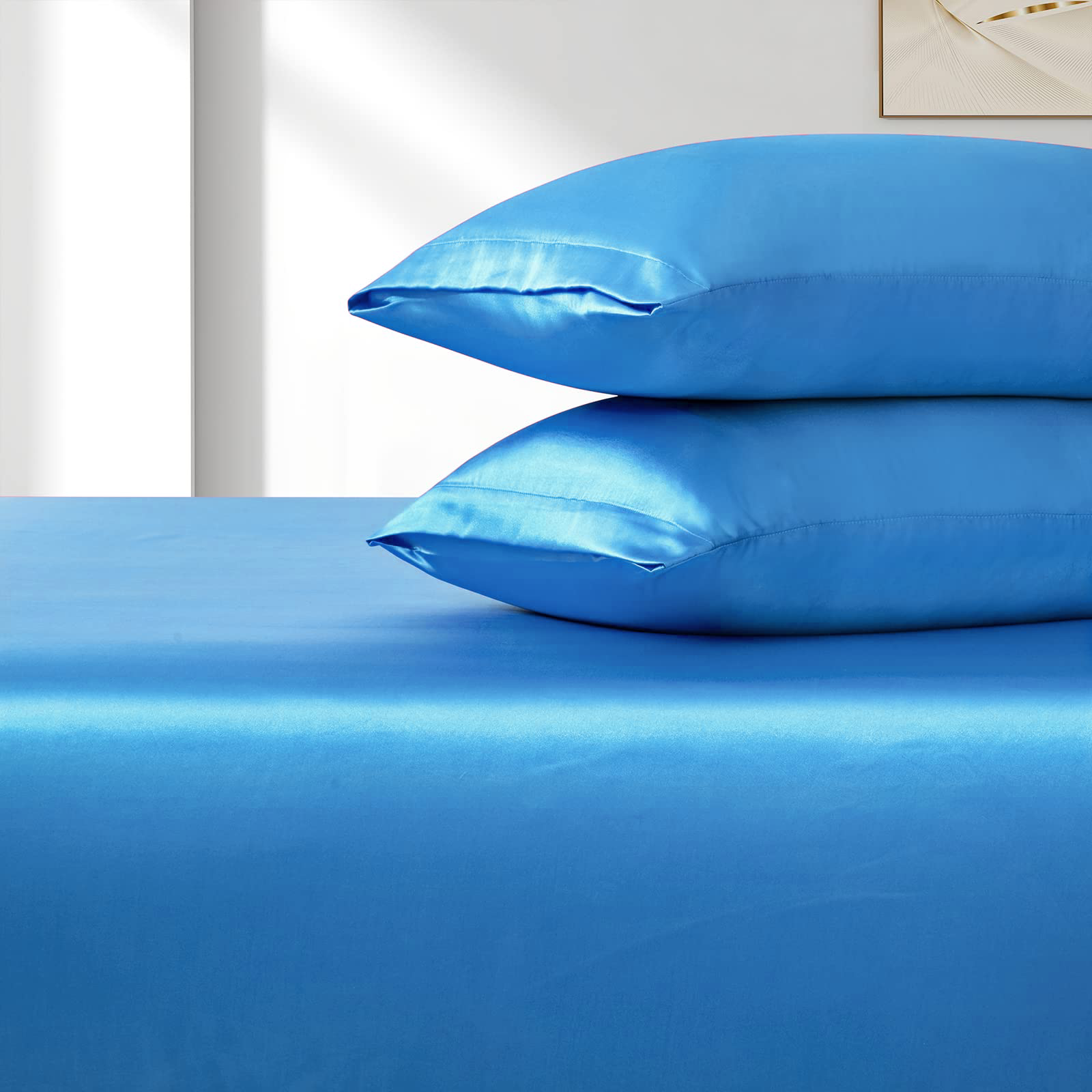 Satin Fitted Sheet Set Hotel 3 Pieces Fitted Sheet with Pillowcase, Art Silk Bedding Set-Luxury Soft Silky Sheets for Hair and Skin, Similar to Silk Fitted Sheets Set 3 Pieces(Queen,Ocean) - Image 3