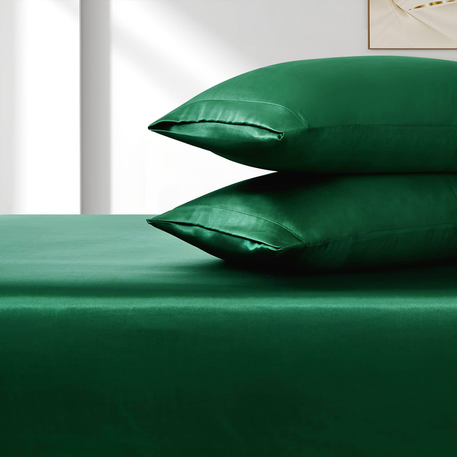 Satin Fitted Sheet Set Hotel 3 Pieces Fitted Sheet with Pillowcase, Art Silk Bedding Set-Luxury Soft Silky Sheets for Hair and Skin, Similar to Silk Fitted Sheets Set 3 Pieces(Queen,Green) - Image 2