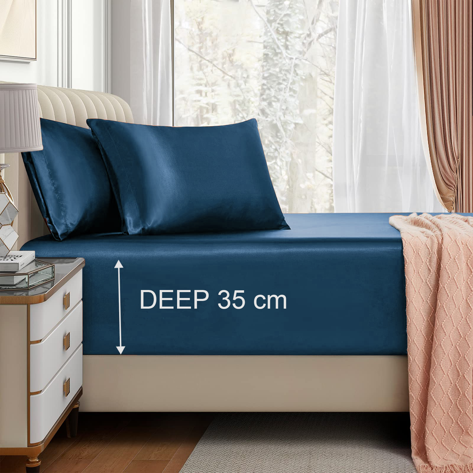 Satin Fitted Sheet Set Hotel 3 Pieces Fitted Sheet with Pillowcase, Art Silk Bedding Set-Luxury Soft Silky Sheets for Hair and Skin, Similar to Silk Fitted Sheets Set 3 Pieces(Queen,Navy) - Image 1