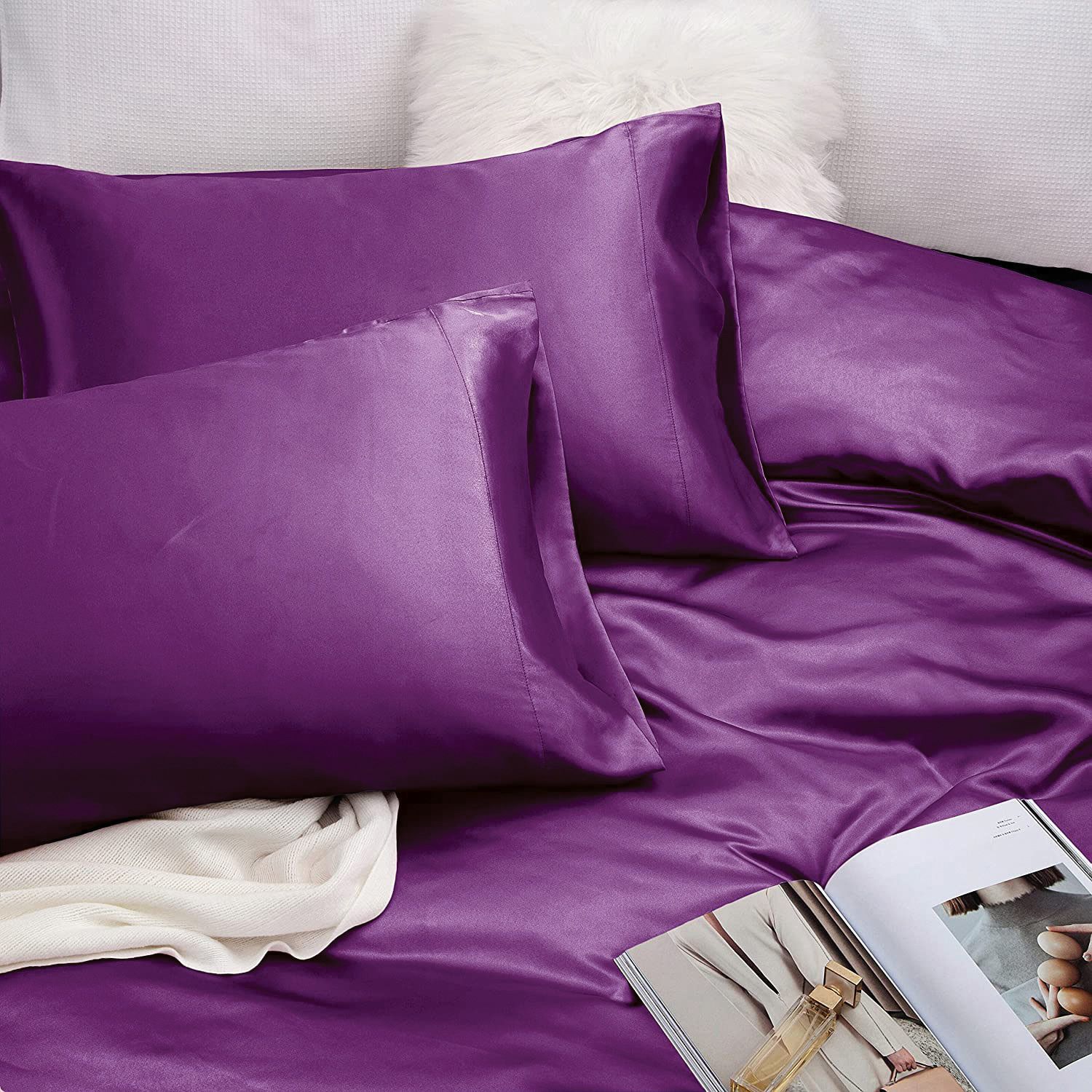 Art Silk Satin Sheet Set Hotel 4 Pieces Fitted/Flat Sheet Bedding Set-Luxury Soft Silky Sheets for Hair and Skin, Similar to Silk Bed Sheets Set 4 Pieces(Queen,Purple) - Image 4