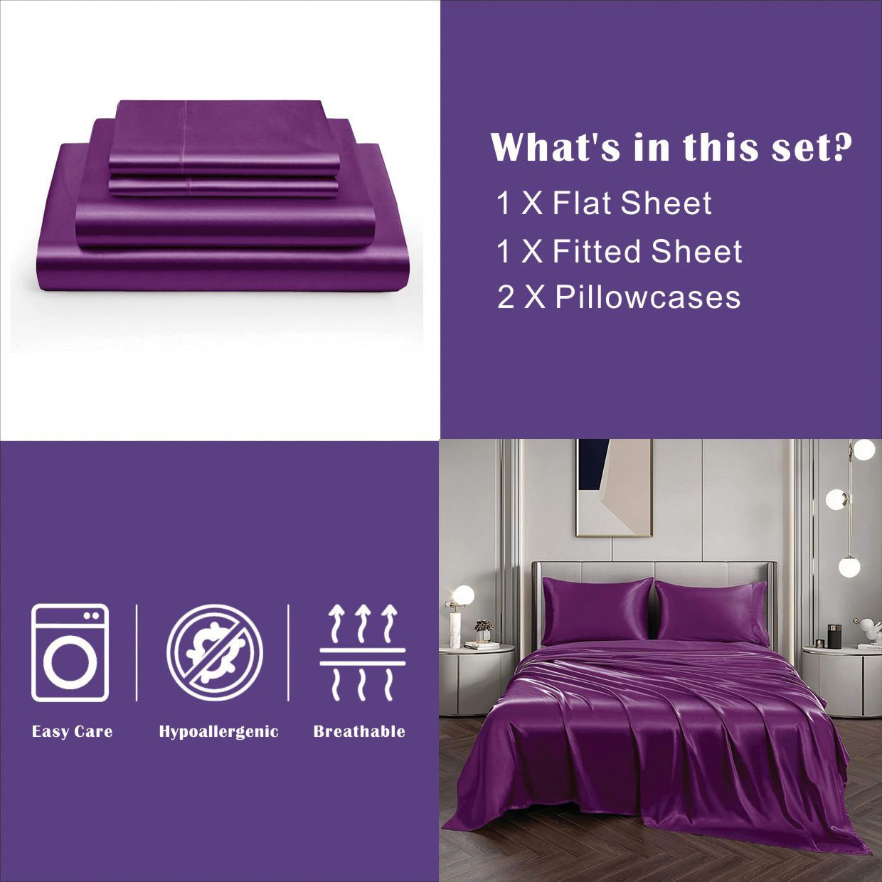 Art Silk Satin Sheet Set Hotel 4 Pieces Fitted/Flat Sheet Bedding Set-Luxury Soft Silky Sheets for Hair and Skin, Similar to Silk Bed Sheets Set 4 Pieces(Queen,Purple) - Image 5