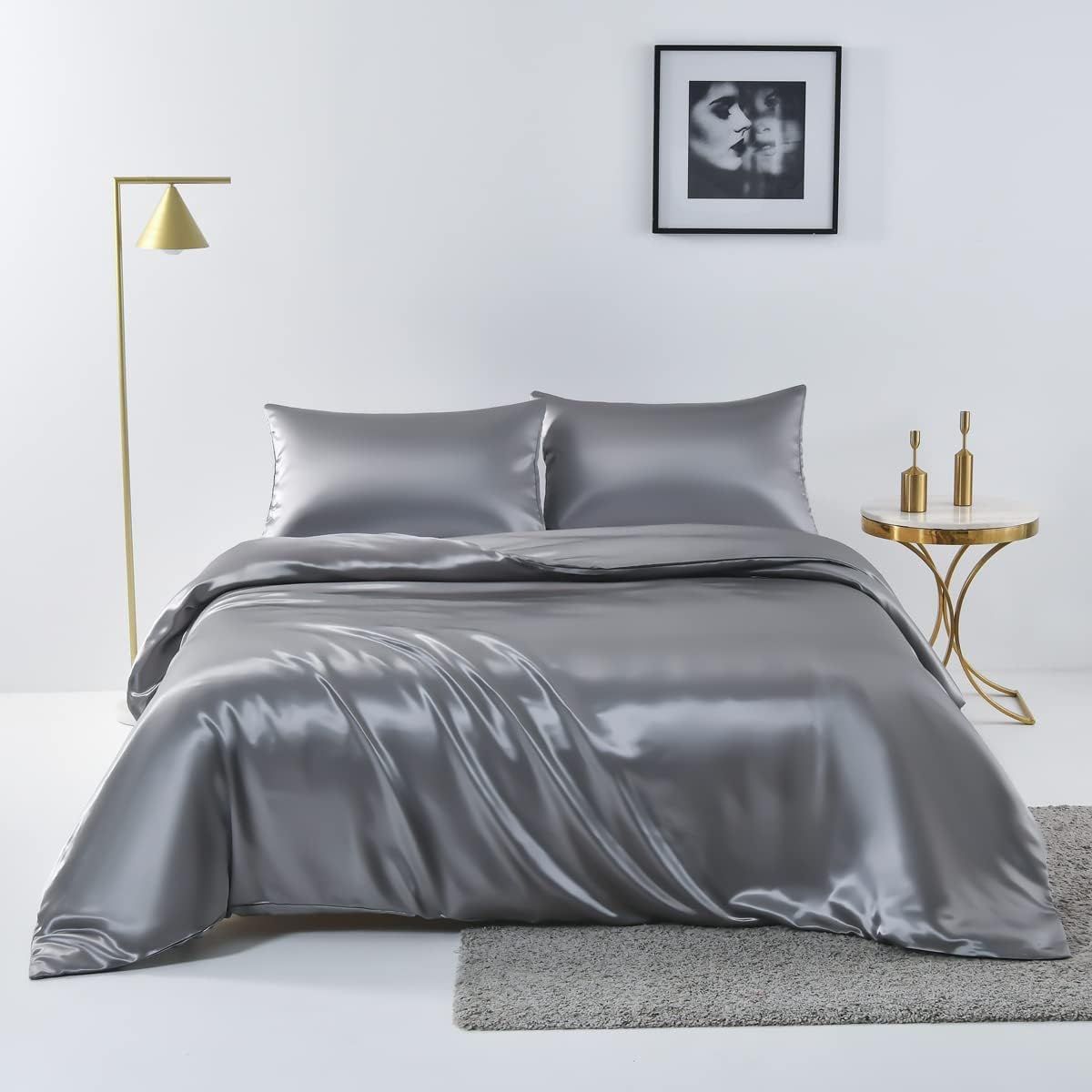 Satin Quilt cover Set Hotel 3 Pieces Quilt cover with Pillowcase, Art Silk Bedding Set-Luxury Soft Silky pillowcase for Hair and Skin, Similar to Silk Duvet/Donna Cover Set- 3 Pieces(Super King,Grey) - Image 1
