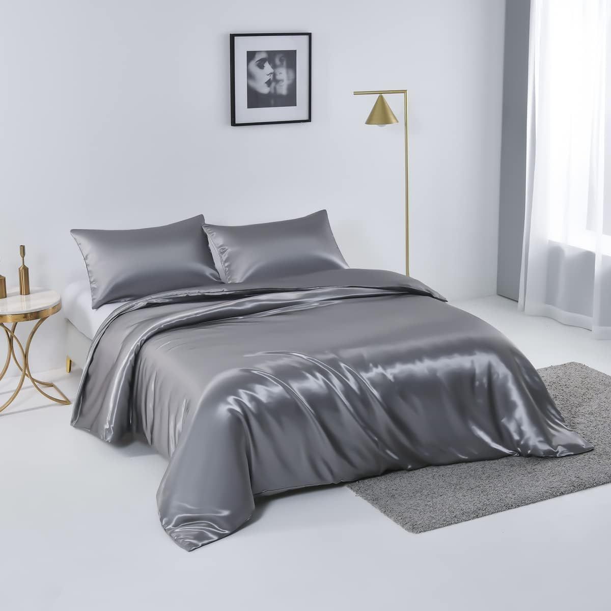 Satin Quilt cover Set Hotel 3 Pieces Quilt cover with Pillowcase, Art Silk Bedding Set-Luxury Soft Silky pillowcase for Hair and Skin, Similar to Silk Duvet/Donna Cover Set- 3 Pieces(Super King,Grey) - Image 2