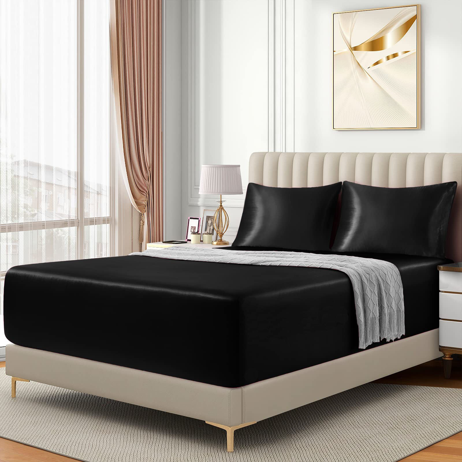 Satin Fitted Sheet Set Hotel 3 Pieces Fitted Sheet with Pillowcase, Art Silk Bedding Set-Luxury Soft Silky Sheets for Hair and Skin, Similar to Silk Fitted Sheets Set 3 Pieces(Super King,Black) - Image 2