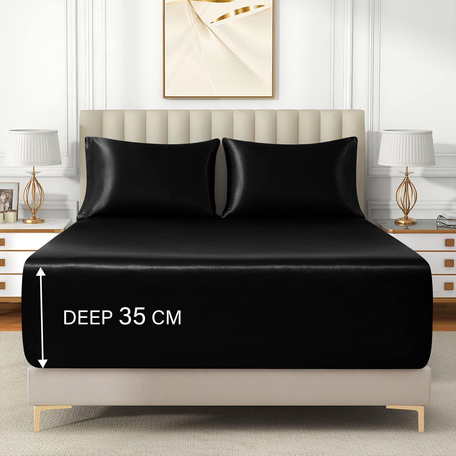 Satin Fitted Sheet Set Hotel 3 Pieces Fitted Sheet with Pillowcase, Art Silk Bedding Set-Luxury Soft Silky Sheets for Hair and Skin, Similar to Silk Fitted Sheets Set 3 Pieces(Super King,Black) - Image 5