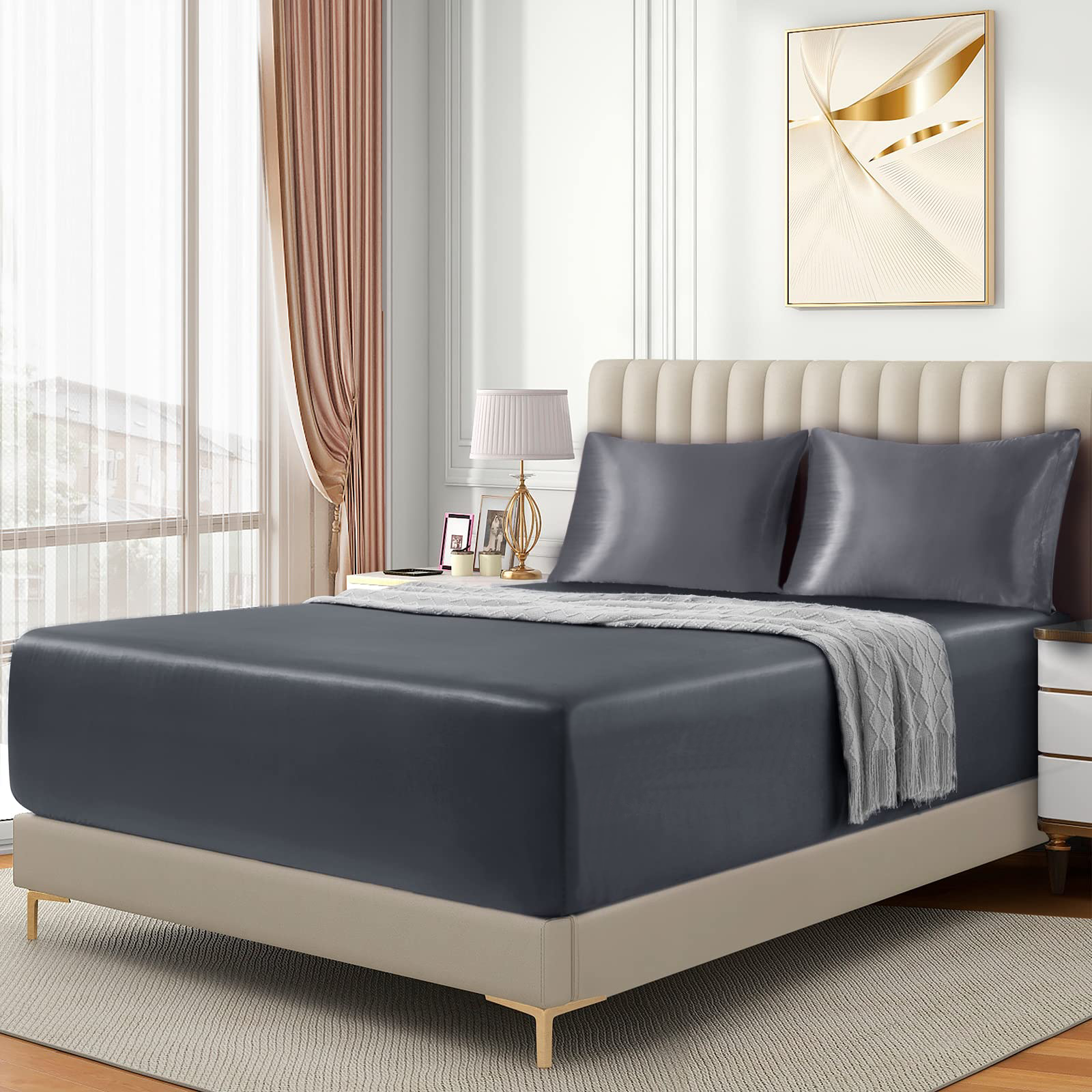 Satin Fitted Sheet Set Hotel 3 Pieces Fitted Sheet with Pillowcase, Art Silk Bedding Set-Luxury Soft Silky Sheets for Hair and Skin, Similar to Silk Fitted Sheets Set 3 Pieces(Super King,Grey) - Image 2