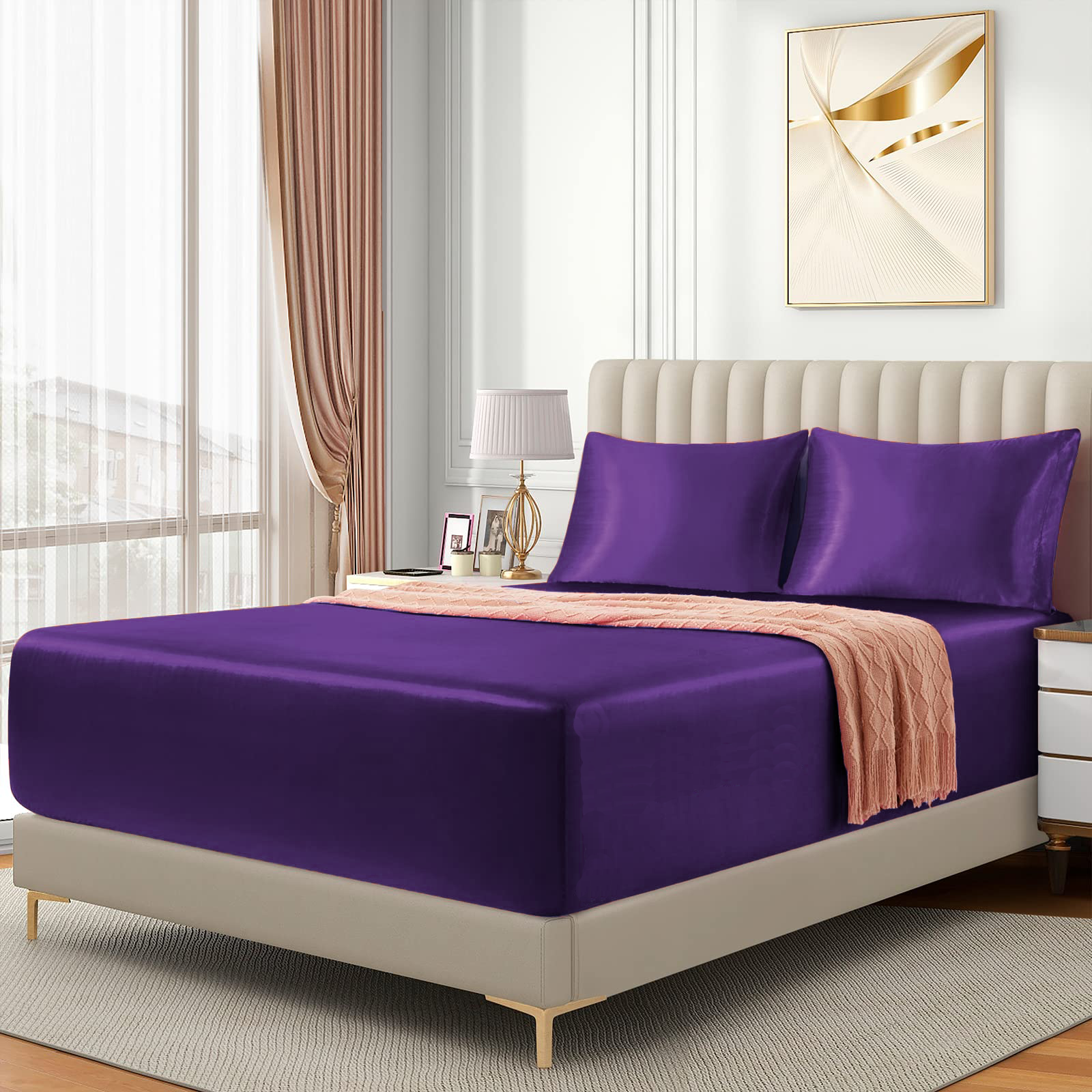 Satin Fitted Sheet Set Hotel 3 Pieces Fitted Sheet with Pillowcase, Art Silk Bedding Set-Luxury Soft Silky Sheets for Hair and Skin, Similar to Silk Fitted Sheets Set 3 Pieces(Super King,Purple) - Image 2