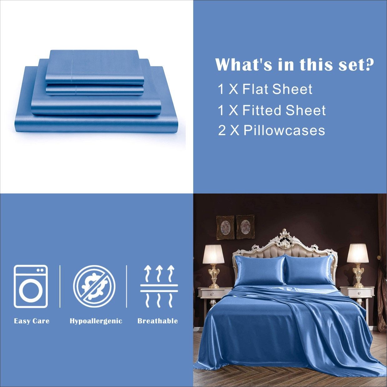Art Silk Satin Sheet Set Hotel 4 Pieces Fitted/Flat Sheet Bedding Set-Luxury Soft Silky Sheets for Hair and Skin, Similar to Silk Bed Sheets Set 4 Pieces(Super King,Ocean) - Image 5