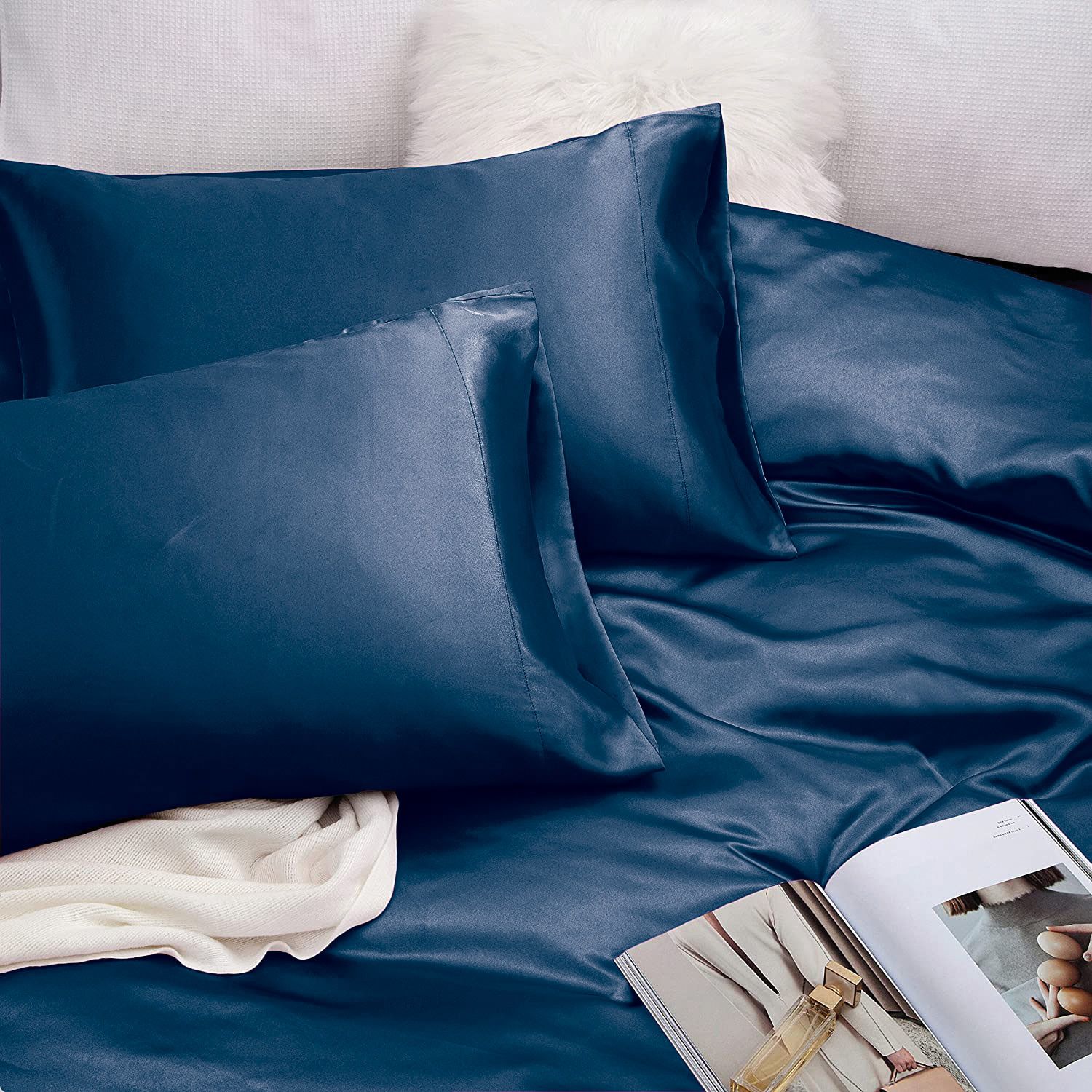 Art Silk Satin Sheet Set Hotel 4 Pieces Fitted/Flat Sheet Bedding Set-Luxury Soft Silky Sheets for Hair and Skin, Similar to Silk Bed Sheets Set 4 Pieces(Super King,Navy) - Image 5