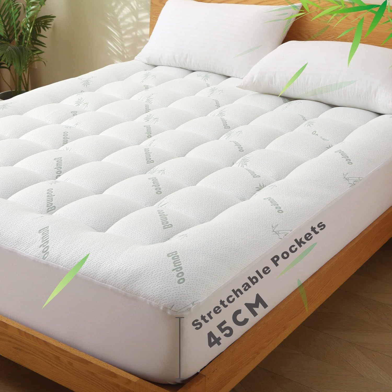 800GSM Mattress Topper Viscose Derived from Bamboo, Thick Pillowtop Fitted Mattress Cover with 45cm Deep Skirt - Machine Washable Hypoallergenic(Double,Green) - Image 1