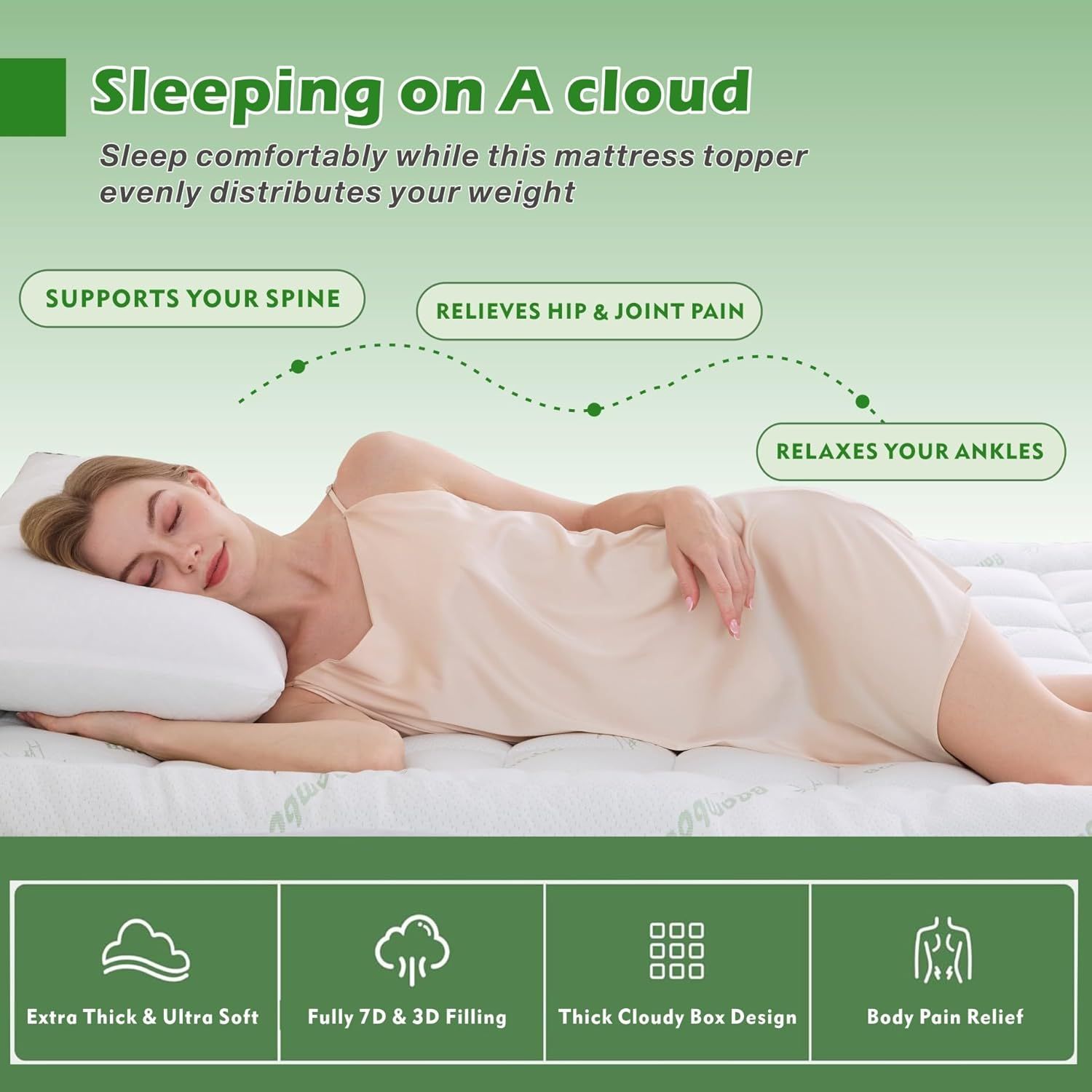 800GSM Mattress Topper Viscose Derived from Bamboo, Thick Pillowtop Fitted Mattress Cover with 45cm Deep Skirt - Machine Washable Hypoallergenic(Double,Green) - Image 5