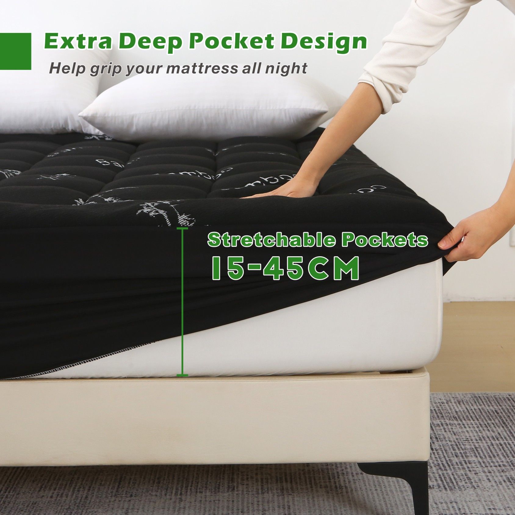 800GSM Mattress Topper Viscose Derived from Bamboo, Thick Pillowtop Fitted Mattress Cover with 45cm Deep Skirt - Machine Washable Hypoallergenic(Queen,,Black) - Image 2