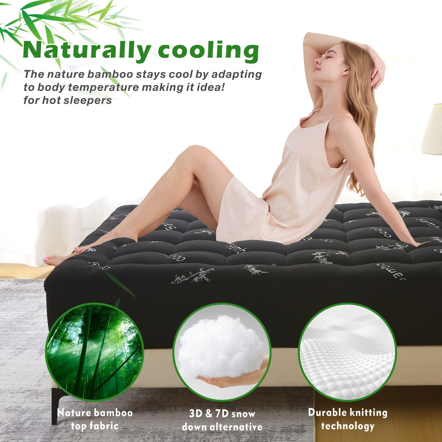 800GSM Mattress Topper Viscose Derived from Bamboo, Thick Pillowtop Fitted Mattress Cover with 45cm Deep Skirt - Machine Washable Hypoallergenic(Queen,,Black) - Image 4
