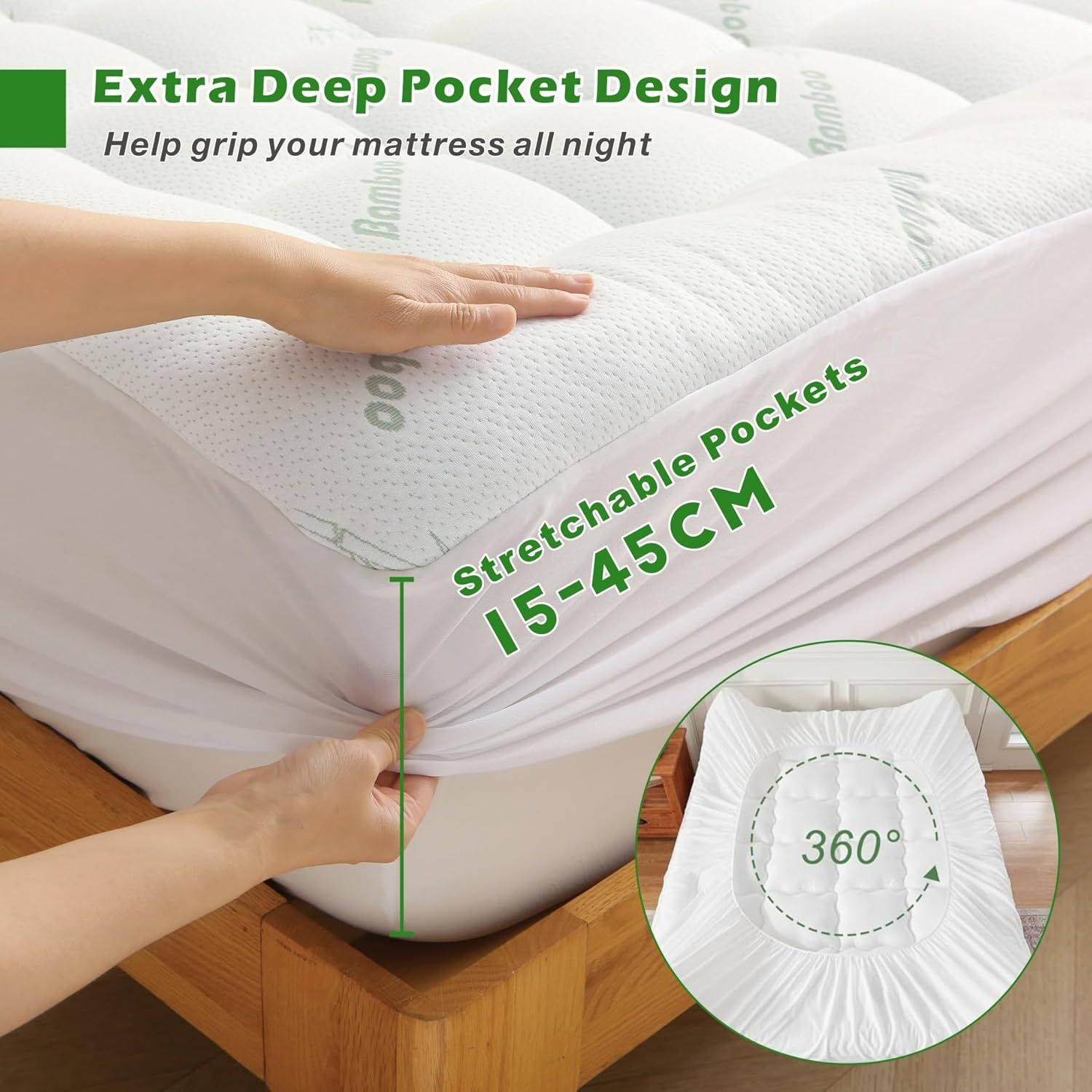 800GSM Mattress Topper Viscose Derived from Bamboo, Thick Pillowtop Fitted Mattress Cover with 45cm Deep Skirt - Machine Washable Hypoallergenic(Queen,,Green) - Image 2