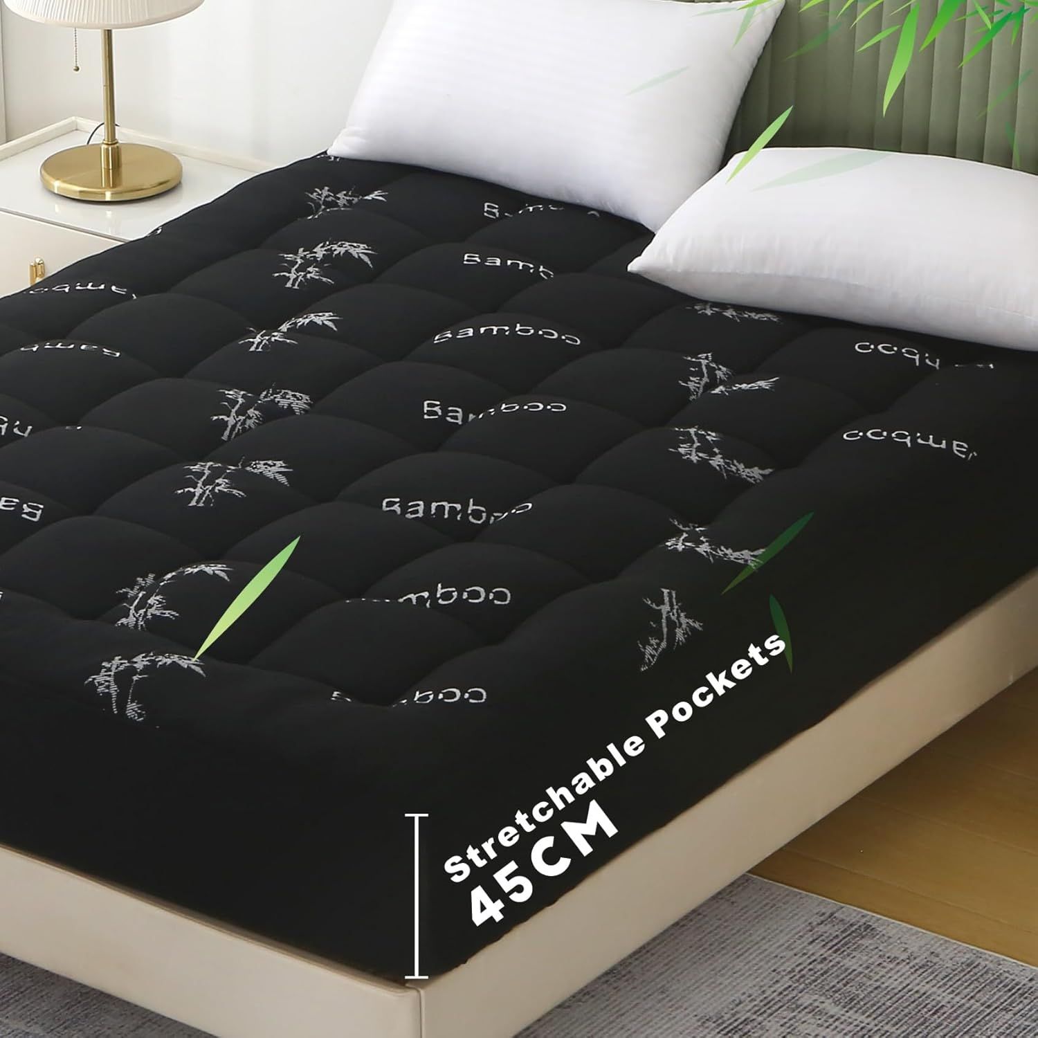 800GSM Mattress Topper Viscose Derived from Bamboo, Thick Pillowtop Fitted Mattress Cover with 45cm Deep Skirt - Machine Washable Hypoallergenic（Single,Black） - Image 1