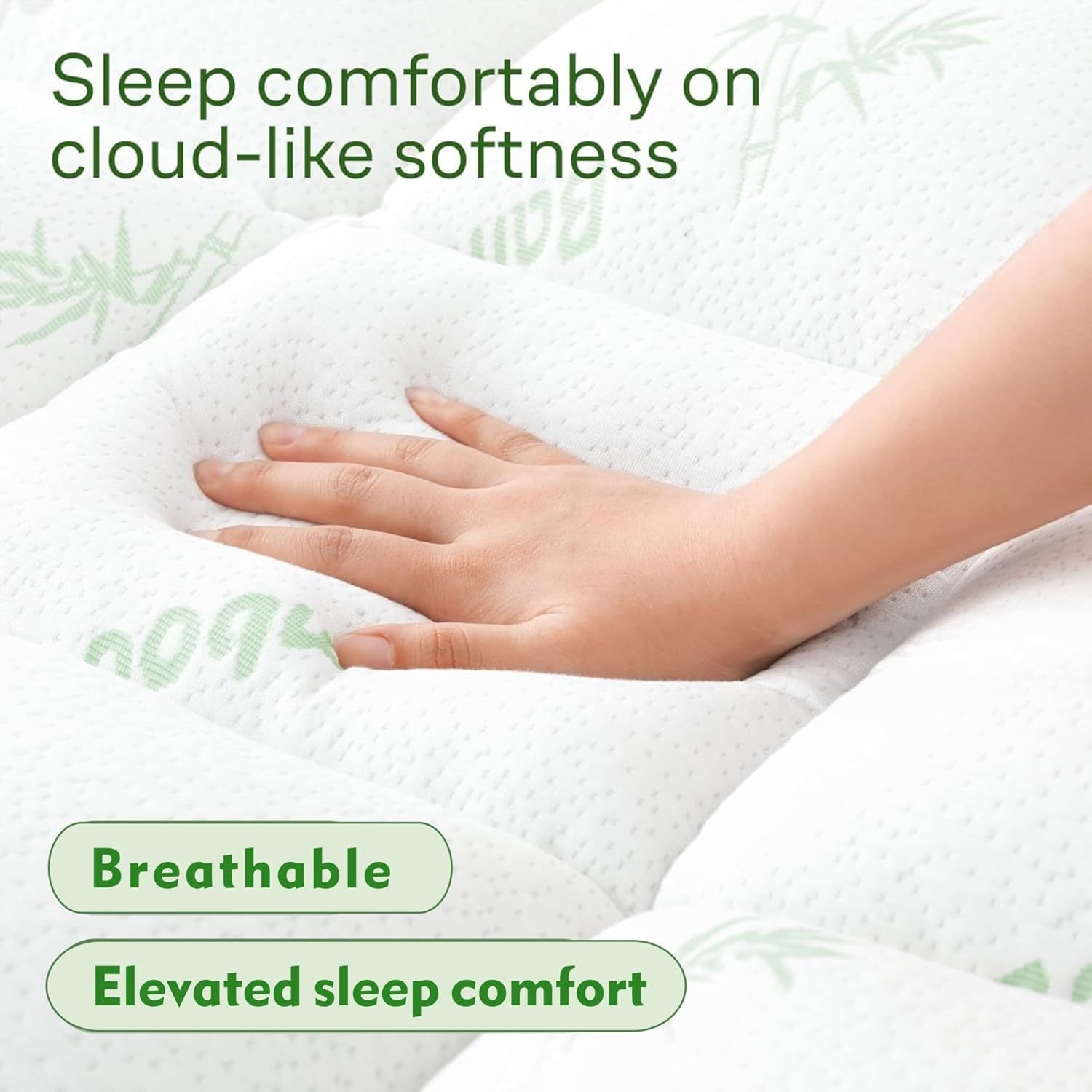 800GSM Mattress Topper Viscose Derived from Bamboo, Thick Pillowtop Fitted Mattress Cover with 45cm Deep Skirt - Machine Washable Hypoallergenic（Single,Green） - Image 6