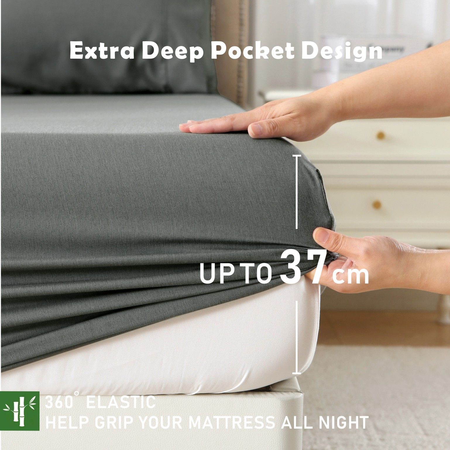 3 Piece Hotel Bamboo Cooling Fitted Sheet Set & Pillowcase -Ultra Soft 2000TC Breathable Fitted Bed Sheets Set with 37 Centimetre Deep Pocket-Cooling Sheets for Hot Sleepers(Grey,Double) - Image 2