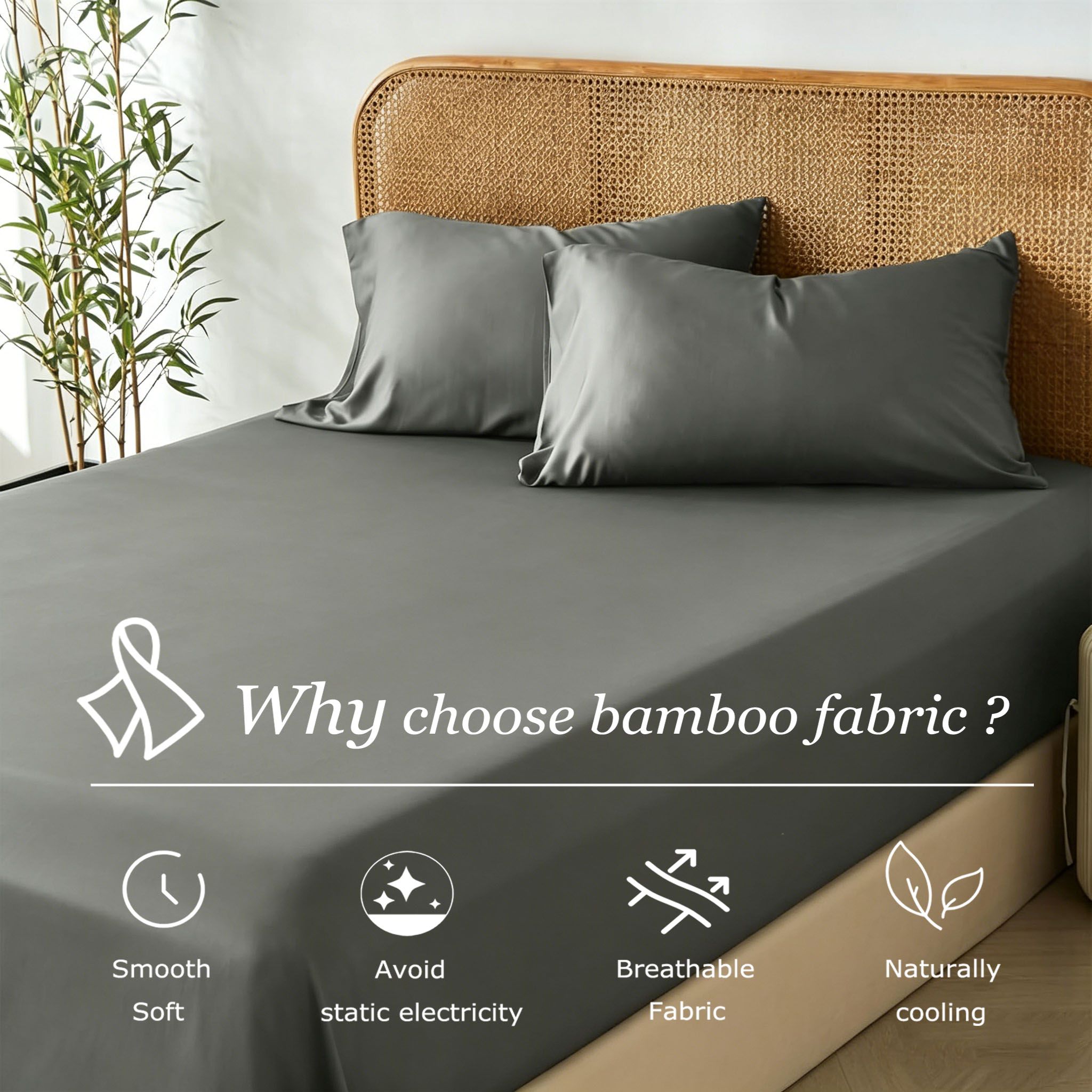 3 Piece Hotel Bamboo Cooling Fitted Sheet Set & Pillowcase -Ultra Soft 2000TC Breathable Fitted Bed Sheets Set with 37 Centimetre Deep Pocket-Cooling Sheets for Hot Sleepers(Grey,Double) - Image 4