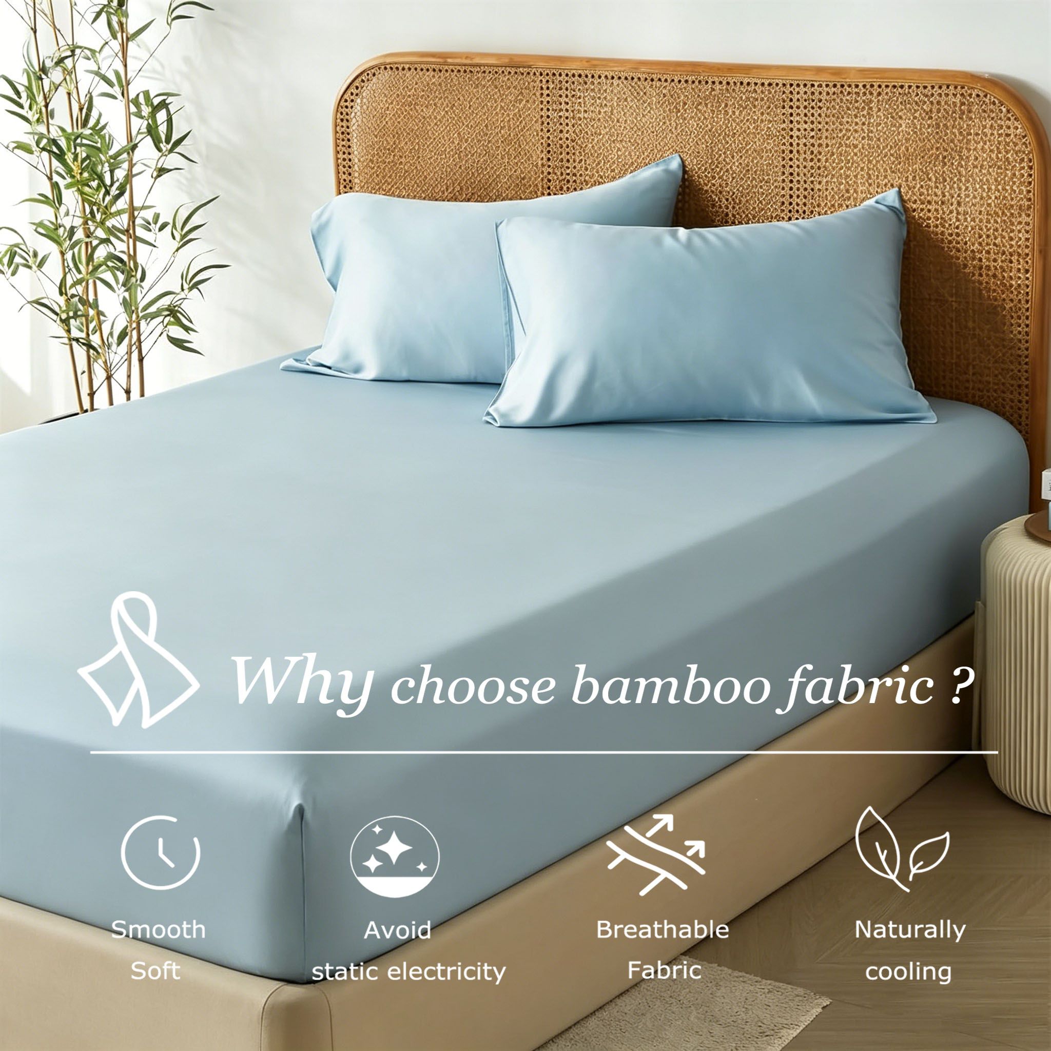 3 Piece Hotel Bamboo Cooling Fitted Sheet Set & Pillowcase -Ultra Soft 2000TC Breathable Fitted Bed Sheets Set with 37 Centimetre Deep Pocket-Cooling Sheets for Hot Sleepers(Sky Blue,Double) - Image 3