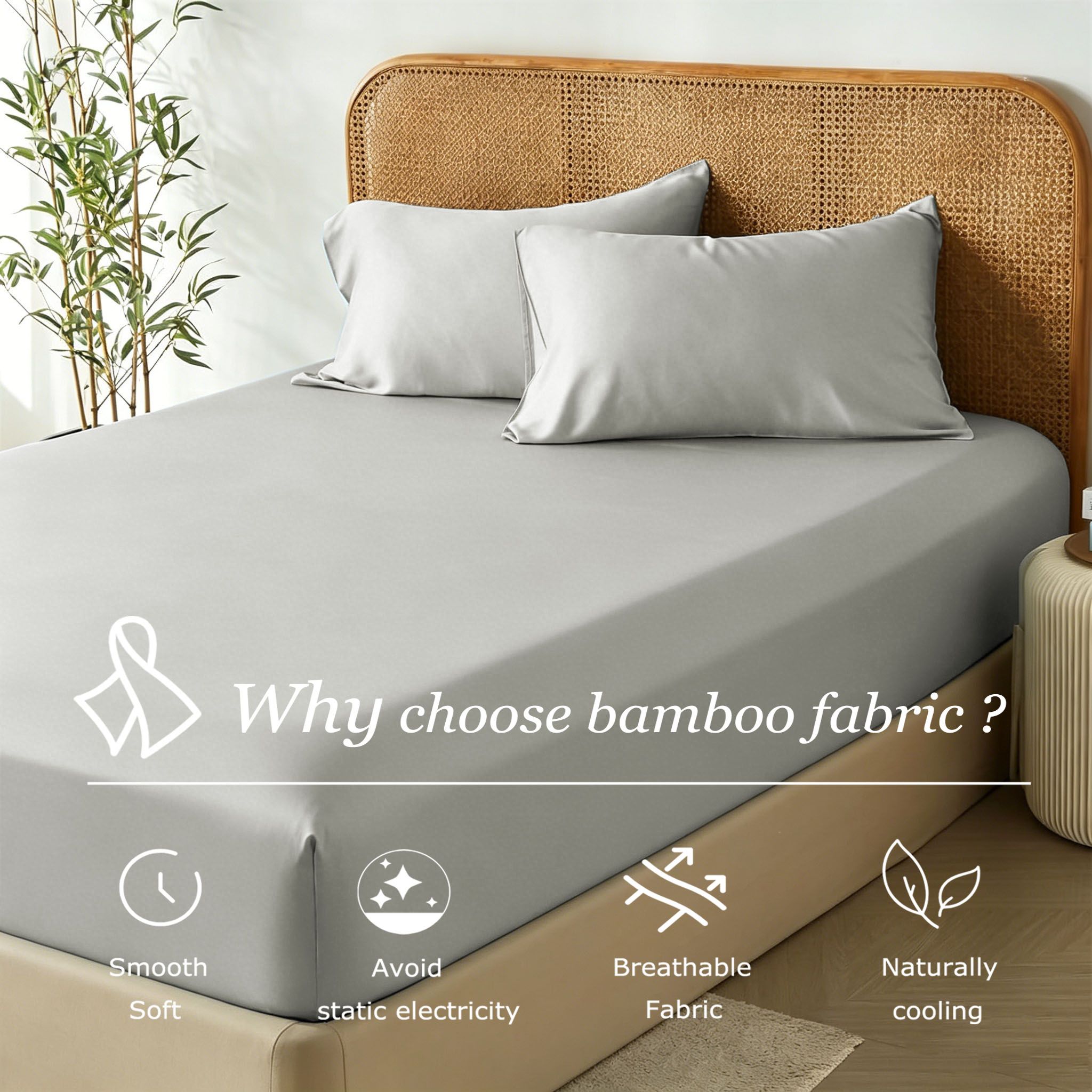 3 Piece Hotel Bamboo Cooling Fitted Sheet Set & Pillowcase -Ultra Soft 2000TC Breathable Fitted Bed Sheets Set with 37 Centimetre Deep Pocket-Cooling Sheets for Hot Sleepers(Silver-gray,Double) - Image 2
