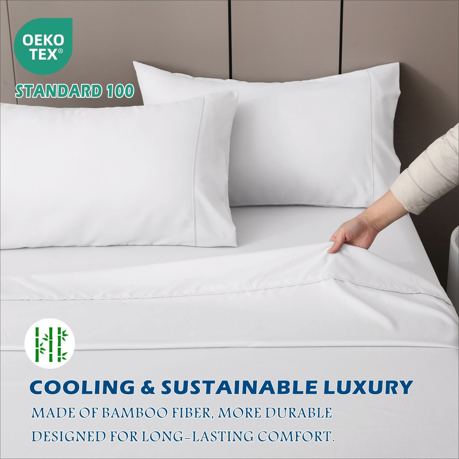 4 Piece Hotel Bamboo Cooling Sheet Set -Ultra Soft 2000TC Breathable Bed Sheets Set with 37 Centimetre Deep Pocket-Cooling Sheets for Hot Sleepers(White,Double) - Image 6