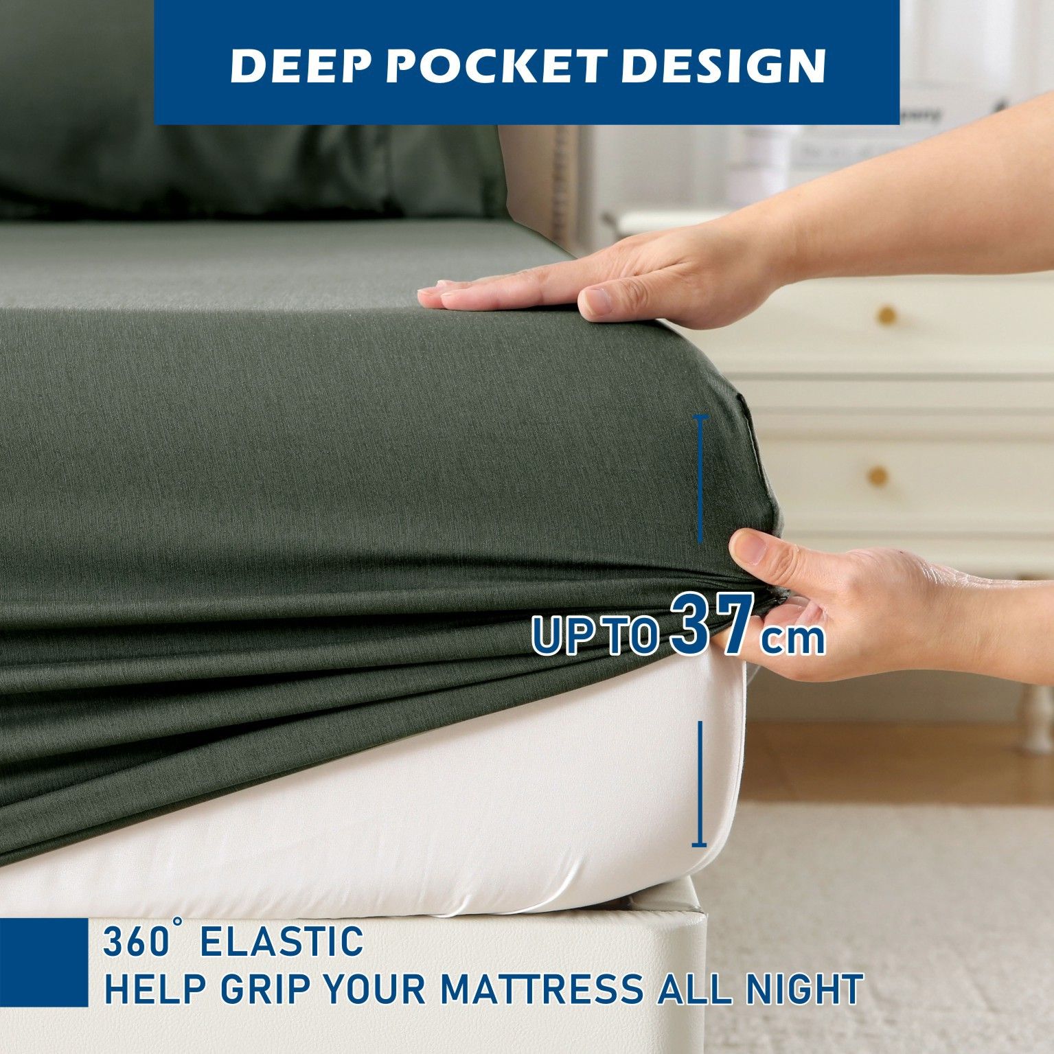 4 Piece Hotel Bamboo Cooling Sheet Set -Ultra Soft 2000TC Breathable Bed Sheets Set with 37 Centimetre Deep Pocket-Cooling Sheets for Hot Sleepers(Olive green,Double) - Image 4