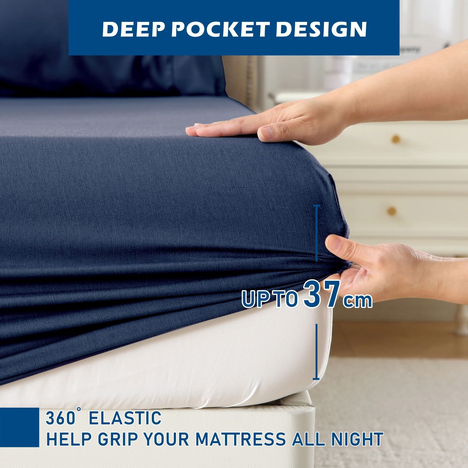 4 Piece Hotel Bamboo Cooling Sheet Set -Ultra Soft 2000TC Breathable Bed Sheets Set with 37 Centimetre Deep Pocket-Cooling Sheets for Hot Sleepers(Navy,Double) - Image 4