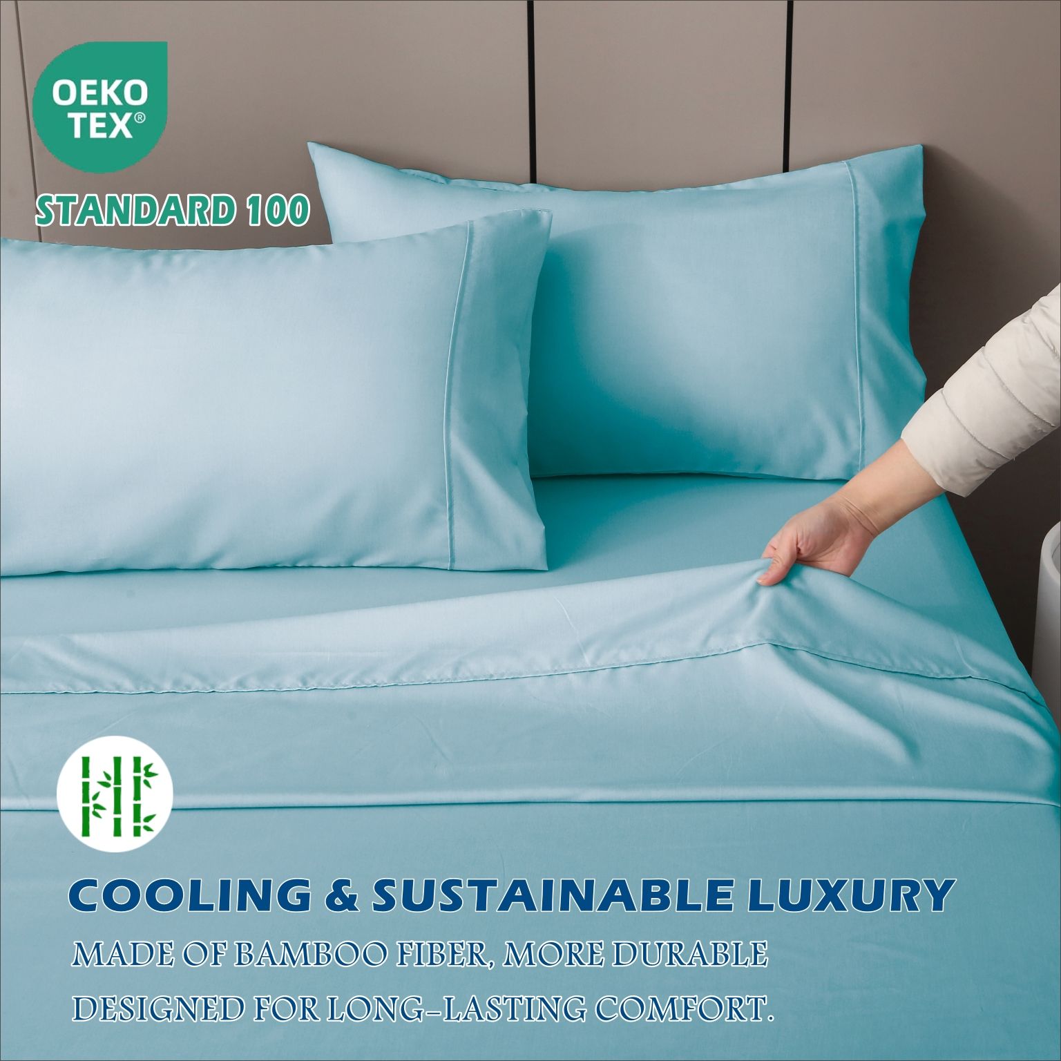 4 Piece Hotel Bamboo Cooling Sheet Set -Ultra Soft 2000TC Breathable Bed Sheets Set with 37 Centimetre Deep Pocket-Cooling Sheets for Hot Sleepers(Sky Blue,Double) - Image 6