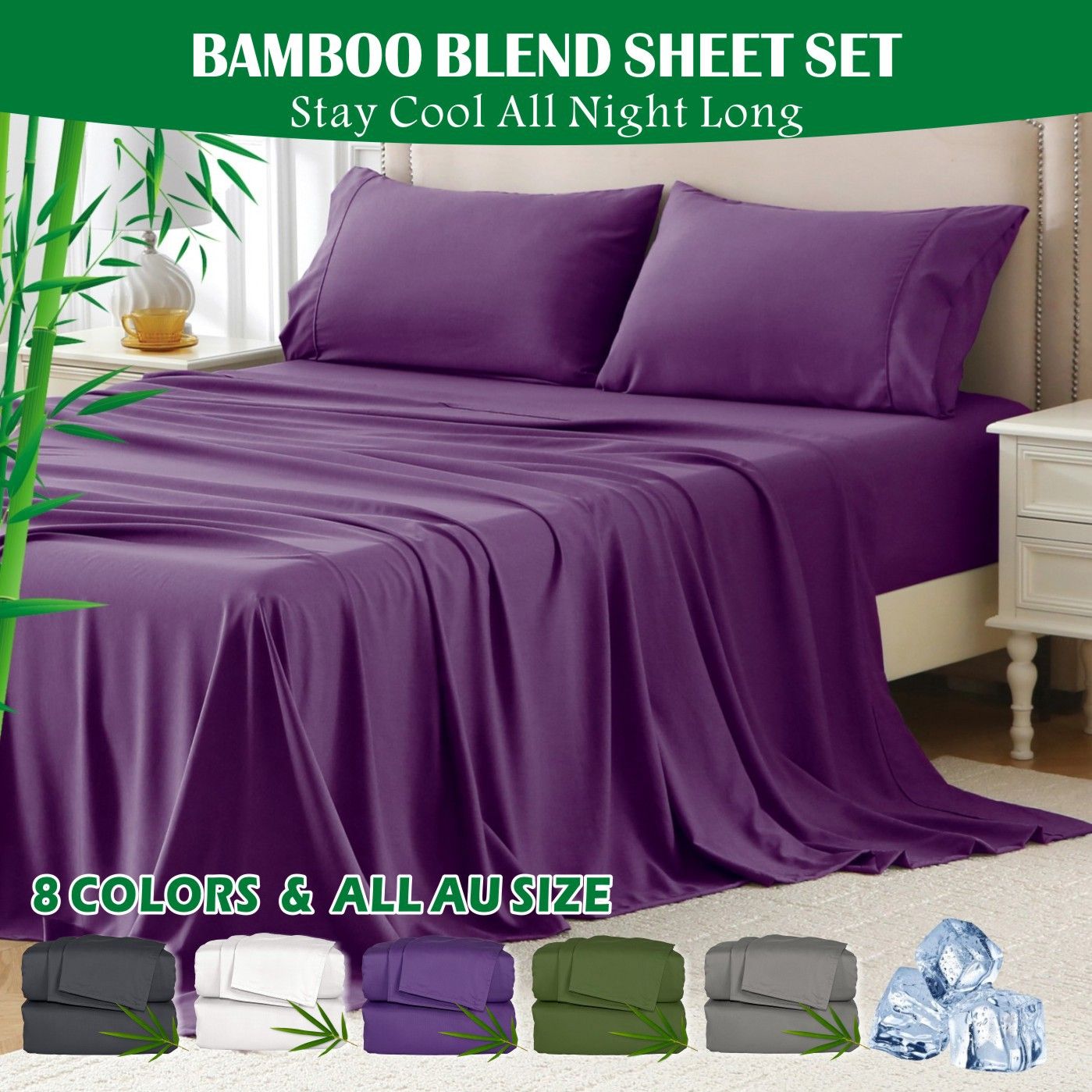 4 Piece Hotel Bamboo Cooling Sheet Set -Ultra Soft 2000TC Breathable Bed Sheets Set with 37 Centimetre Deep Pocket-Cooling Sheets for Hot Sleepers(Purple,Double) - Image 1