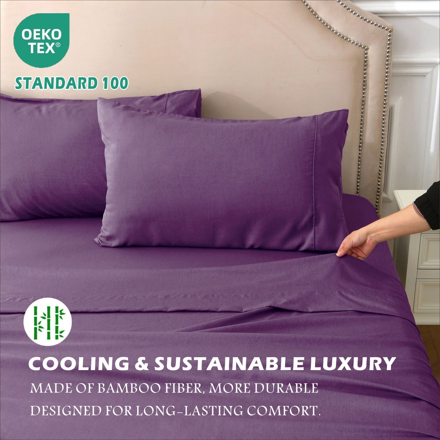 4 Piece Hotel Bamboo Cooling Sheet Set -Ultra Soft 2000TC Breathable Bed Sheets Set with 37 Centimetre Deep Pocket-Cooling Sheets for Hot Sleepers(Purple,Double) - Image 6