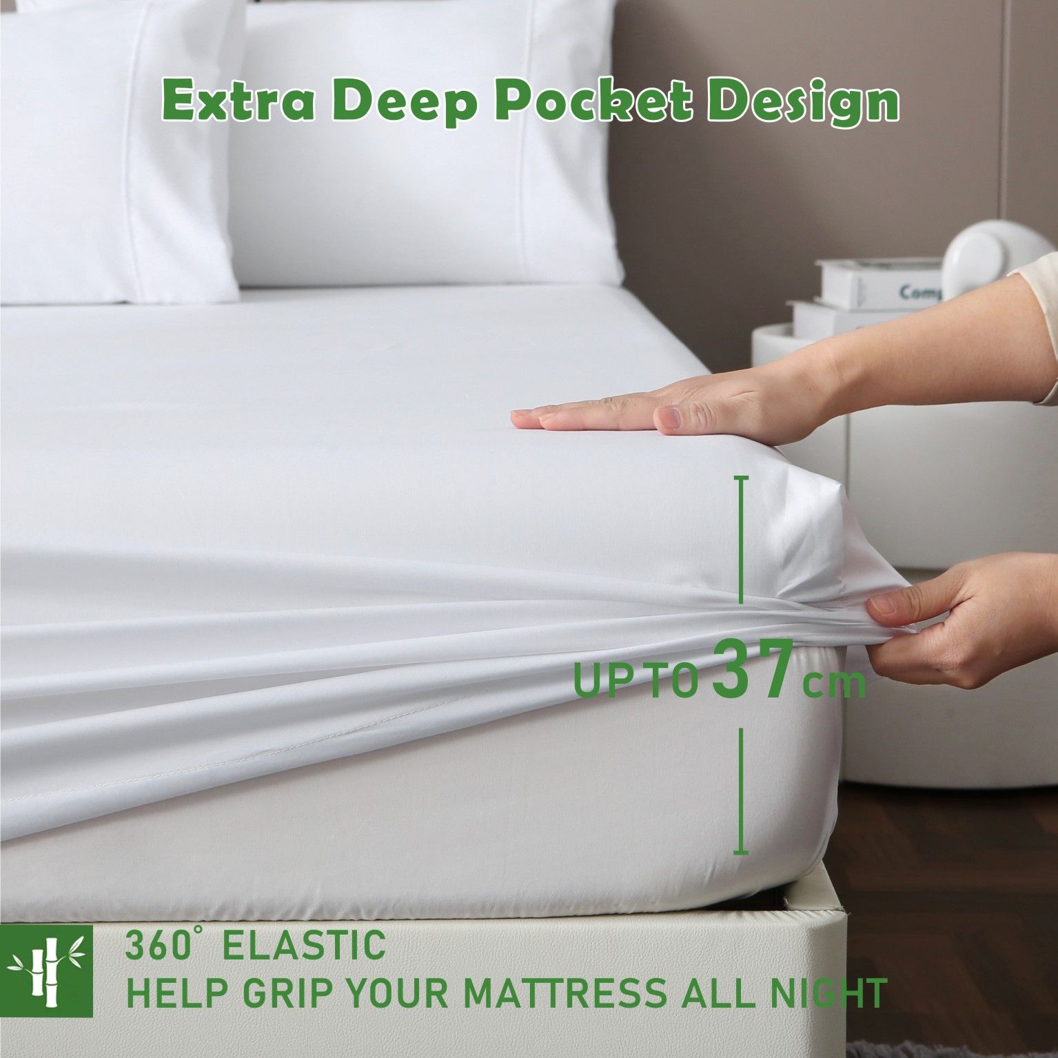 3 Piece Hotel Bamboo Cooling Fitted Sheet Set & Pillowcase -Ultra Soft 2000TC Breathable Fitted Bed Sheets Set with 37 Centimetre Deep Pocket-Cooling Sheets for Hot Sleepers(White,King) - Image 2
