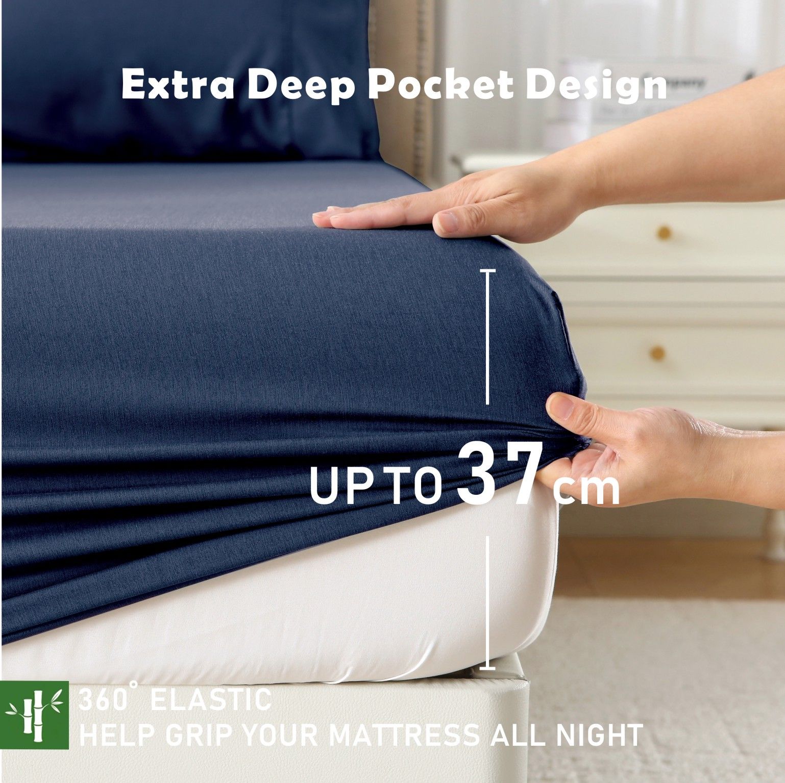 3 Piece Hotel Bamboo Cooling Fitted Sheet Set & Pillowcase -Ultra Soft 2000TC Breathable Fitted Bed Sheets Set with 37 Centimetre Deep Pocket-Cooling Sheets for Hot Sleepers(Navy,King) - Image 2