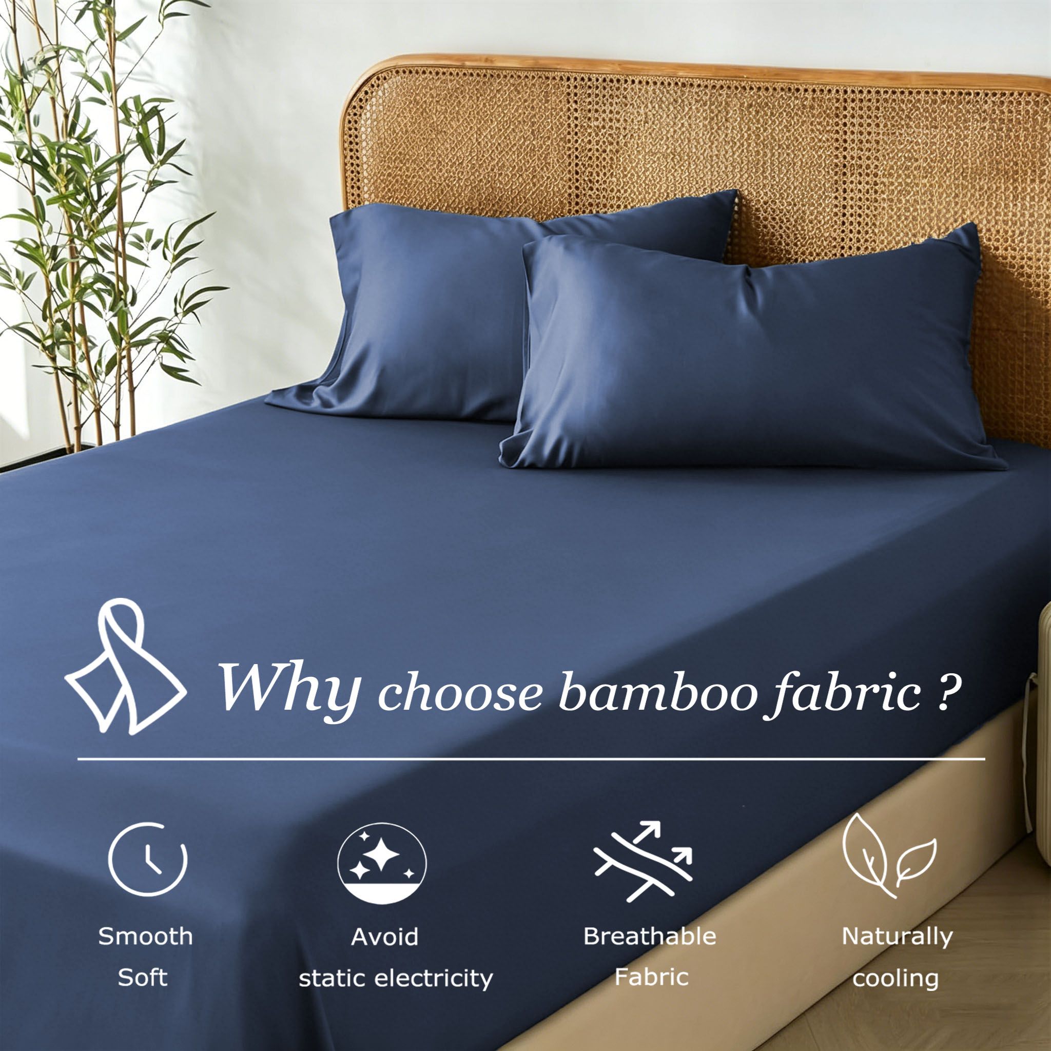 3 Piece Hotel Bamboo Cooling Fitted Sheet Set & Pillowcase -Ultra Soft 2000TC Breathable Fitted Bed Sheets Set with 37 Centimetre Deep Pocket-Cooling Sheets for Hot Sleepers(Navy,King) - Image 3