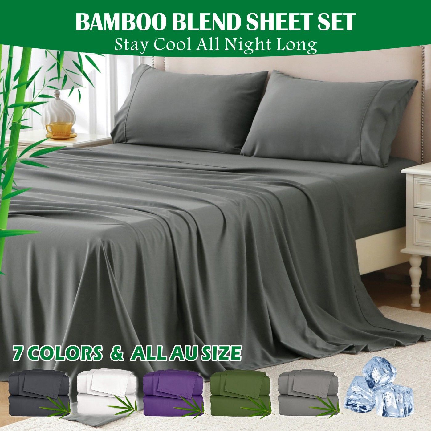 3 Piece Hotel Bamboo Cooling Sheet Set -Ultra Soft 2000TC Breathable Bed Sheets Set with 37 Centimetre Deep Pocket-Cooling Sheets for Hot Sleepers(Grey,King Single) - Image 1