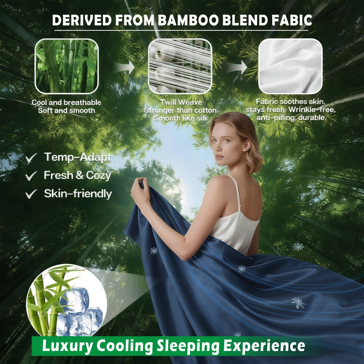 3 Piece Hotel Bamboo Cooling Sheet Set -Ultra Soft 2000TC Breathable Bed Sheets Set with 37 Centimetre Deep Pocket-Cooling Sheets for Hot Sleepers(Navy,King Single) - Image 3