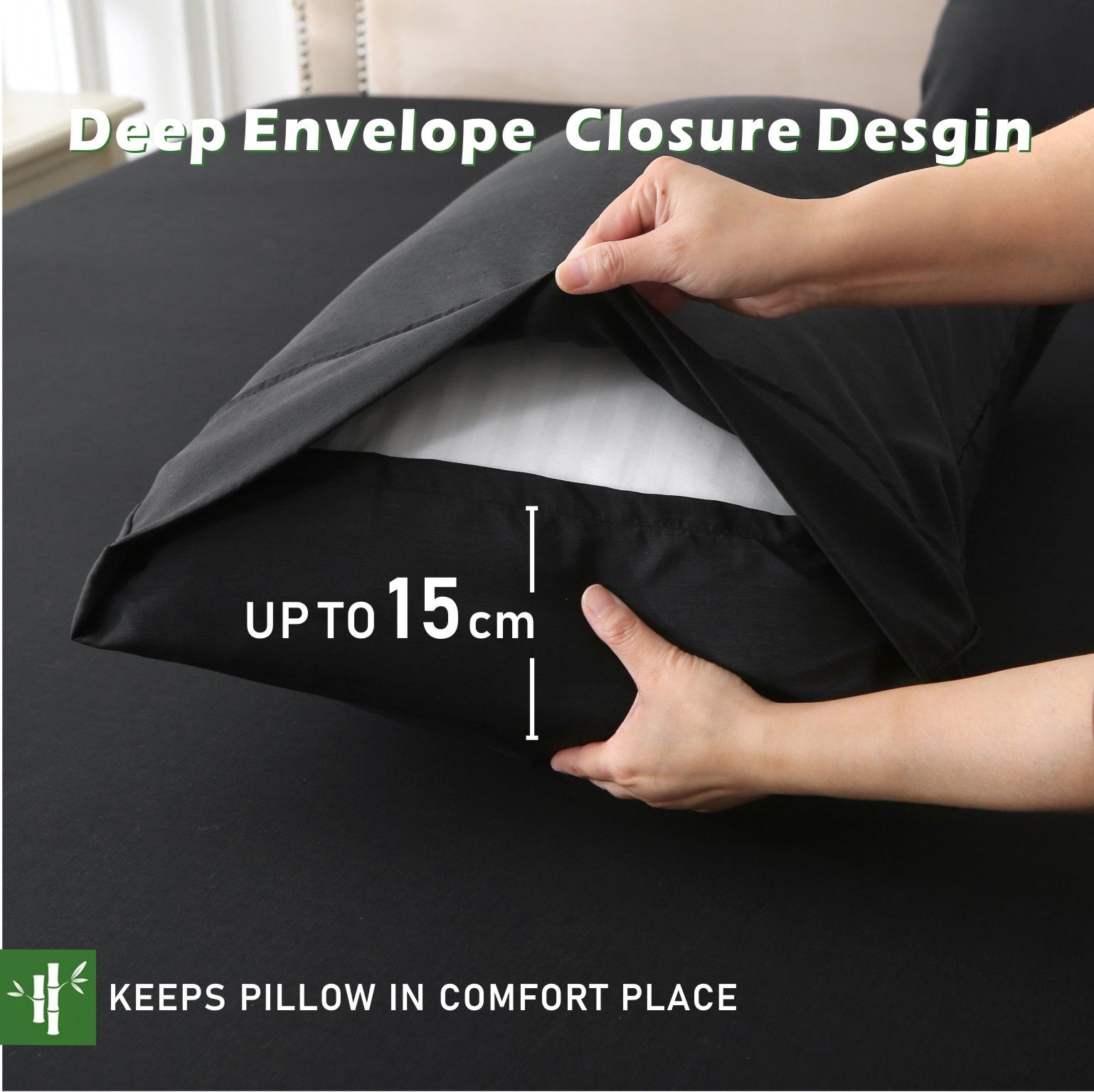 3 Piece Hotel Bamboo Cooling Fitted Sheet Set & Pillowcase -Ultra Soft 2000TC Breathable Fitted Bed Sheets Set with 37 Centimetre Deep Pocket-Cooling Sheets for Hot Sleepers(Black,Queen) - Image 3
