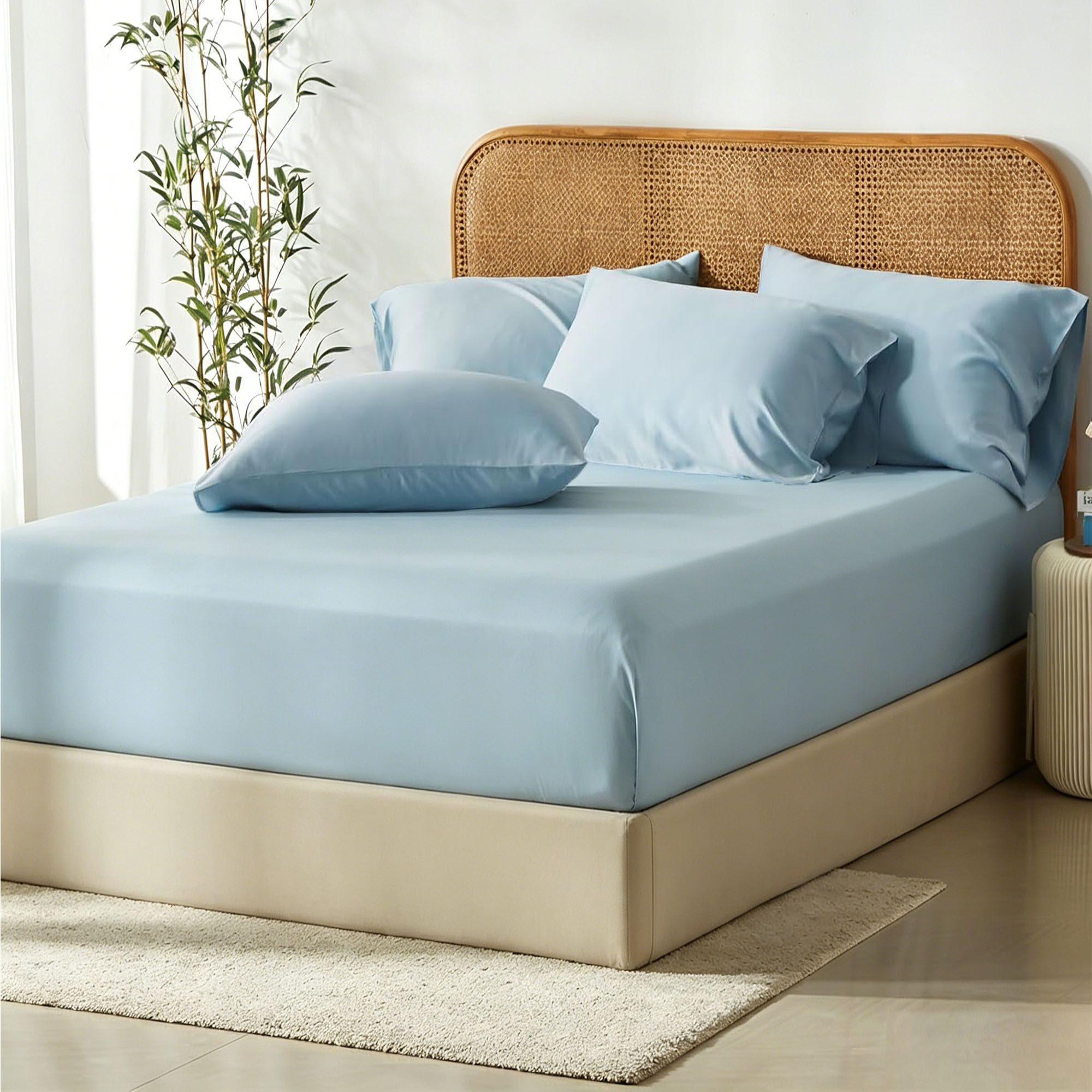 3 Piece Hotel Bamboo Cooling Fitted Sheet Set & Pillowcase -Ultra Soft 2000TC Breathable Fitted Bed Sheets Set with 37 Centimetre Deep Pocket-Cooling Sheets for Hot Sleepers(Sky Blue,Queen) - Image 1