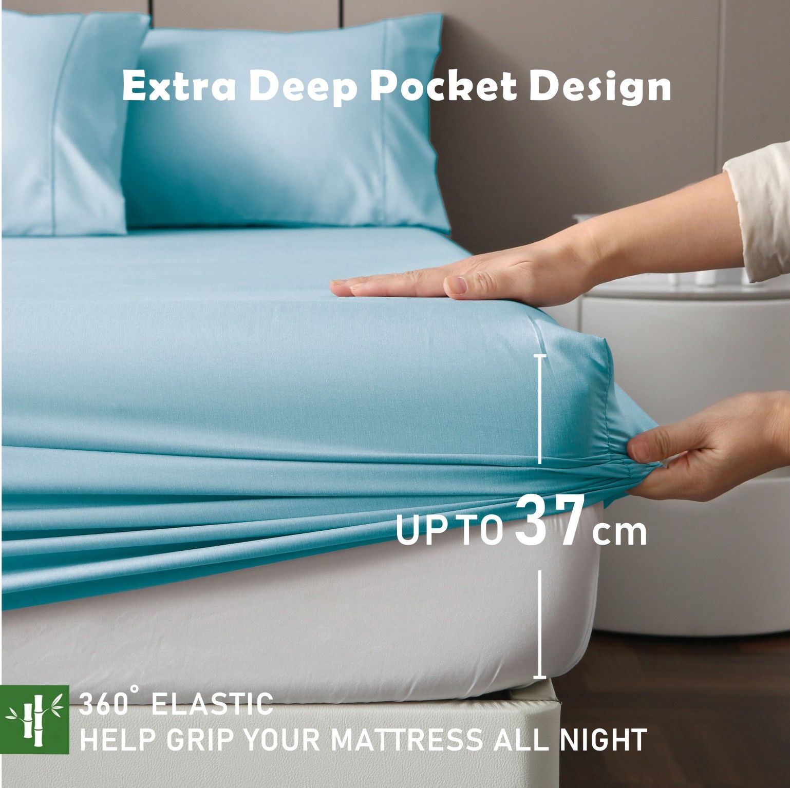 3 Piece Hotel Bamboo Cooling Fitted Sheet Set & Pillowcase -Ultra Soft 2000TC Breathable Fitted Bed Sheets Set with 37 Centimetre Deep Pocket-Cooling Sheets for Hot Sleepers(Sky Blue,Queen) - Image 2