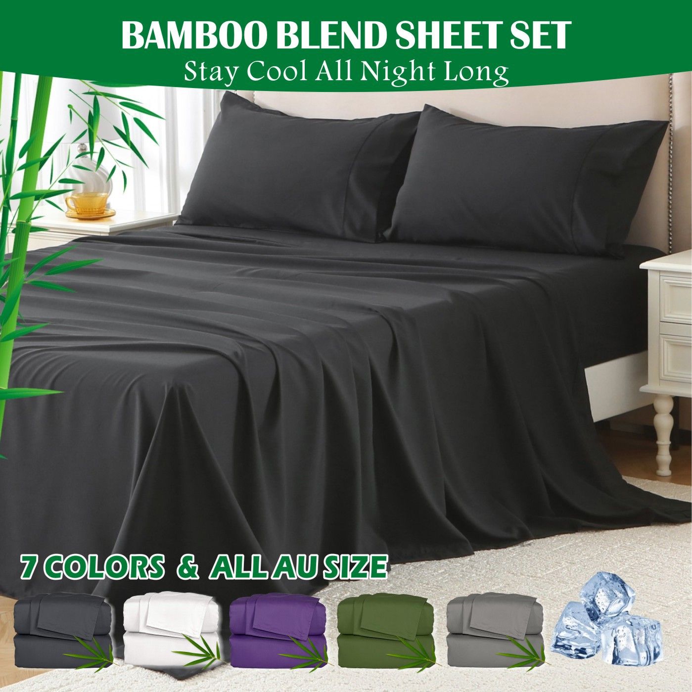 3 Piece Hotel Bamboo Cooling Sheet Set -Ultra Soft 2000TC Breathable Bed Sheets Set with 37 Centimetre Deep Pocket-Cooling Sheets for Hot Sleepers(Black,Single) - Image 1