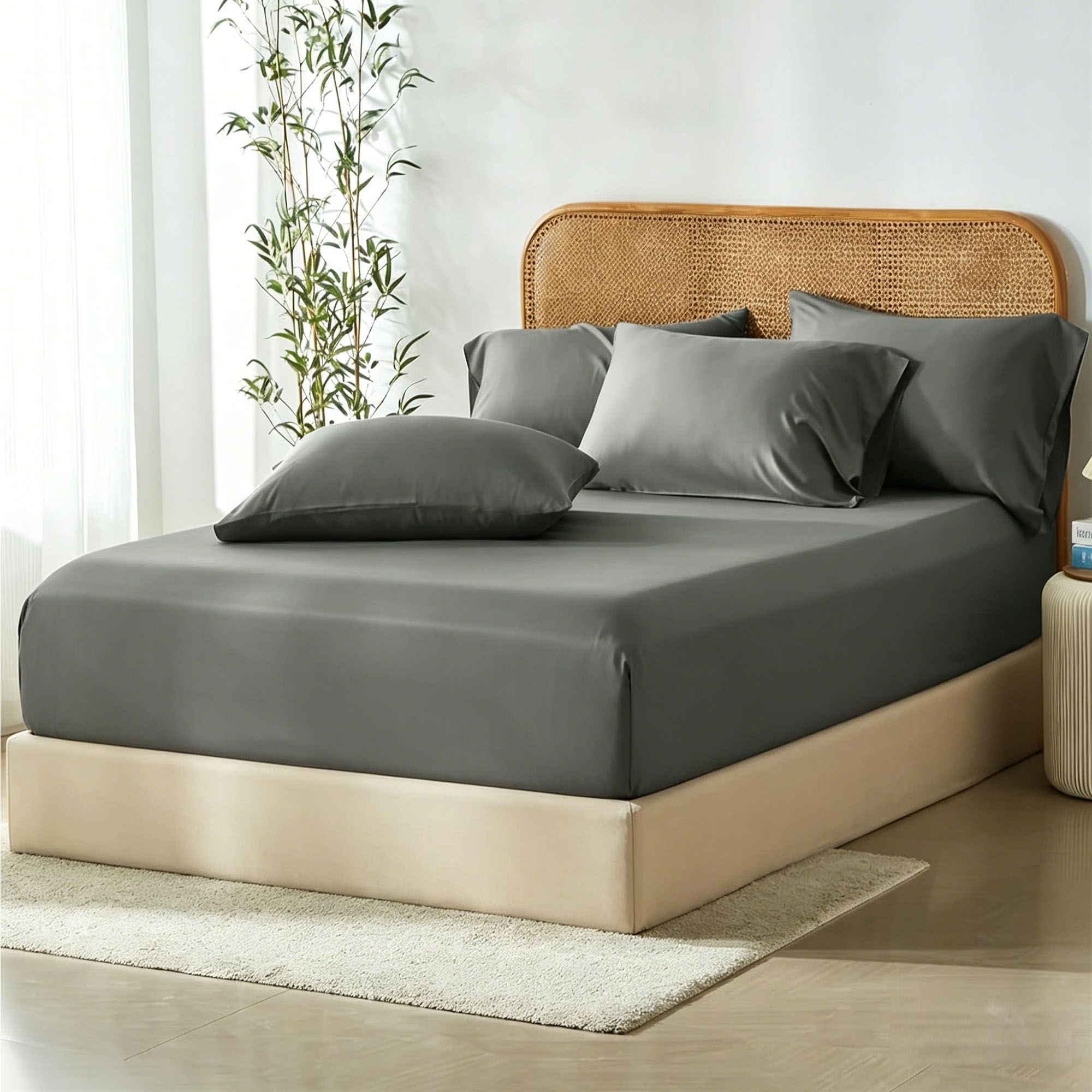 3 Piece Hotel Bamboo Cooling Fitted Sheet Set & Pillowcase -Ultra Soft 2000TC Breathable Fitted Bed Sheets Set with 37 Centimetre Deep Pocket-Cooling Sheets for Hot Sleepers(Grey,Super King) - Image 1