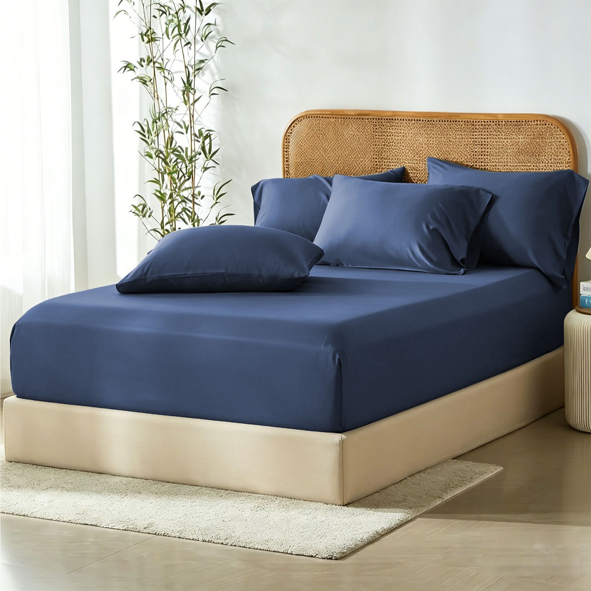 3 Piece Hotel Bamboo Cooling Fitted Sheet Set & Pillowcase -Ultra Soft 2000TC Breathable Fitted Bed Sheets Set with 37 Centimetre Deep Pocket-Cooling Sheets for Hot Sleepers(Navy,Super King) - Image 1