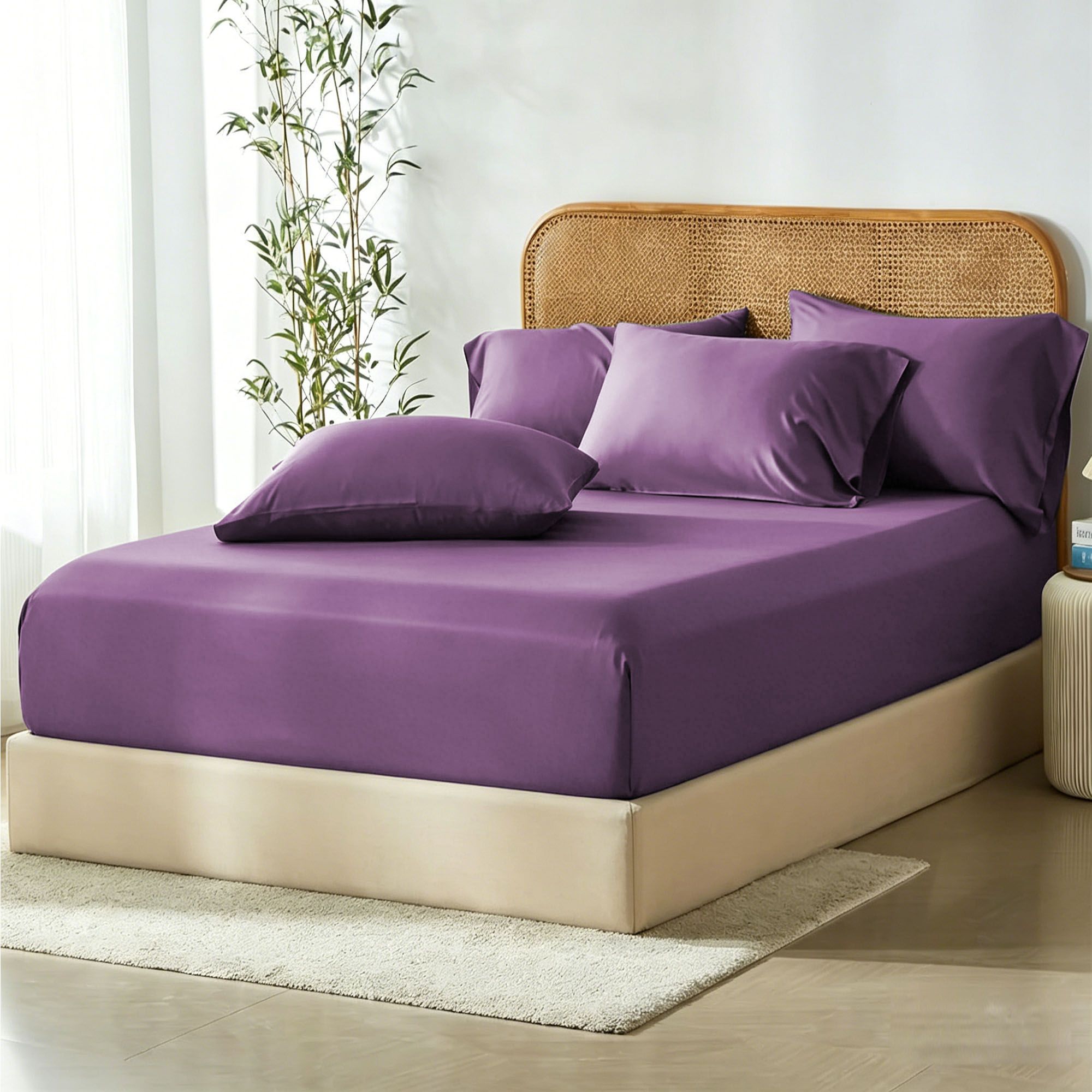 3 Piece Hotel Bamboo Cooling Fitted Sheet Set & Pillowcase -Ultra Soft 2000TC Breathable Fitted Bed Sheets Set with 37 Centimetre Deep Pocket-Cooling Sheets for Hot Sleepers(Purple,Super King) - Image 1